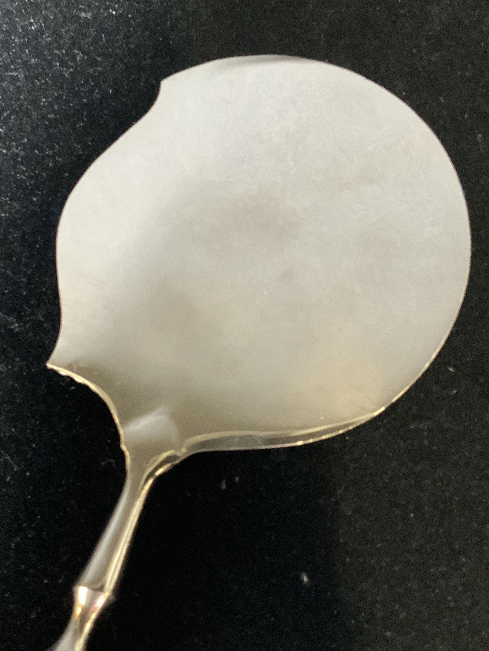 Vintage Silver Tone Specialty Serving Utensil: A vintage silver tone metal specialty serving utensil. The piece features a flat serving surface that has been etched with nature motifs. One side has no etching, polished surface. The handle is compr