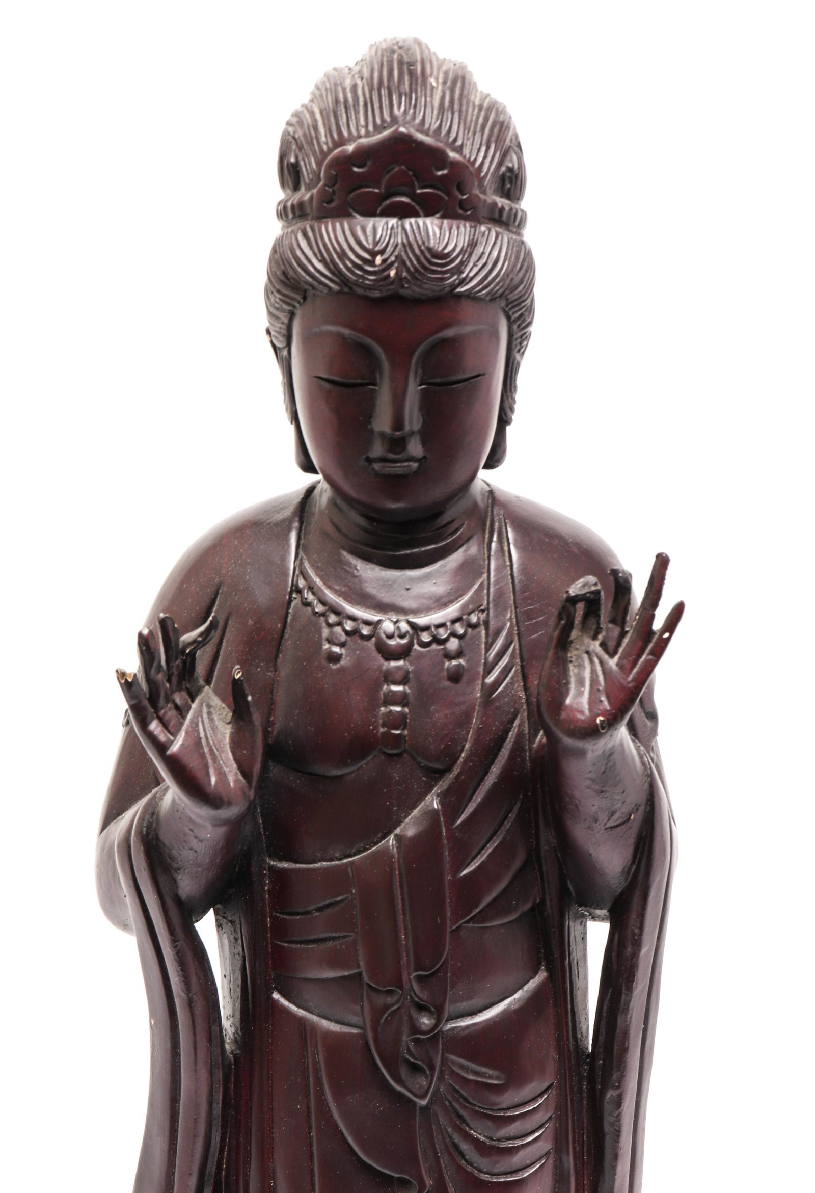 Standing Carved Composition Figure of Buddha: Standing Carved Composition Figure of Buddha Carved and painted composition figure of Buddha, late 20th century, the figure standing with contemplative gaze and with hands in Vitarka mudra pose, the r