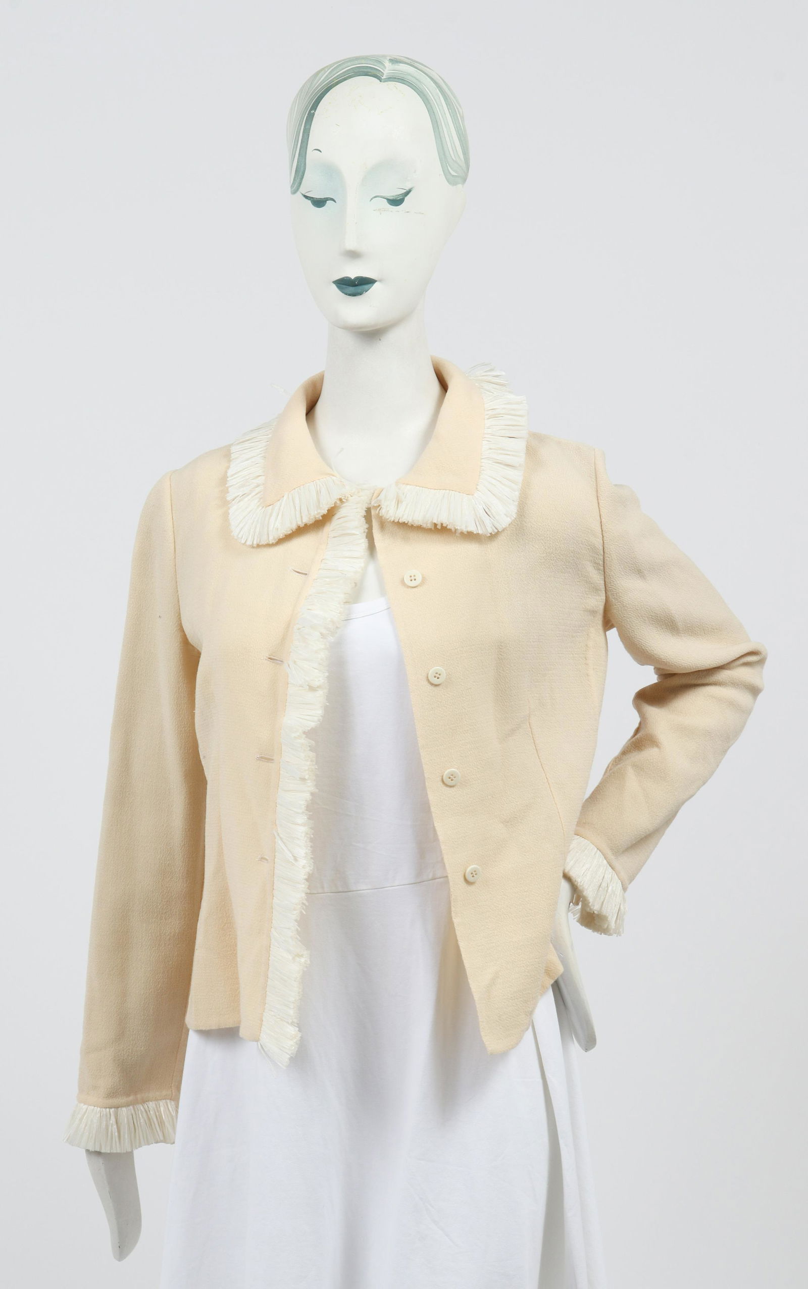 Bill Blass Wool Crepe Blazer W Straw Fringe: Bill Blass Wool Crepe Blazer W Straw Fringe Bill Blass wool crepe blazer with straw fringe detailing to the collar, lapels, and cuffs, single-breast button closure, fitted seams at the waist, designer