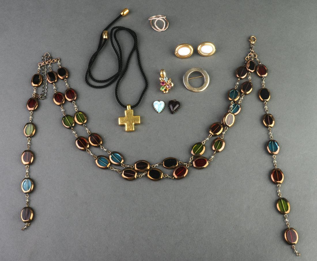 Monet & Other Glass, Rhinestone Beaded Jewelry, 8: Monet & Other Glass, Rhinestone Beaded Jewelry, 8 Miscellaneous glass and rhinestone beaded gold-tone jewelry, including a pair of post back earrings marked "Monet," a rhinestone flower pendant, a gol