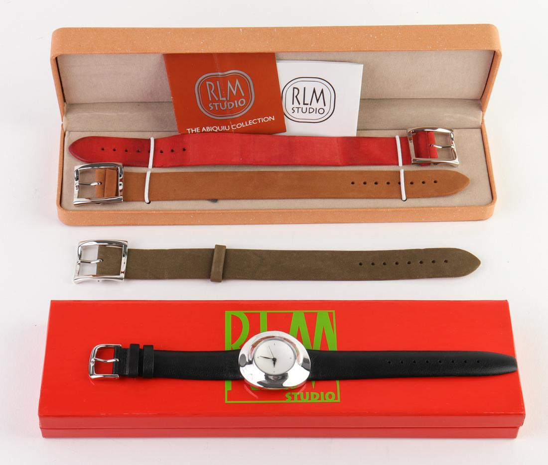 RLM Studio by Robert Lee Morris Watch & Straps, 4: RLM Studio by Robert Lee Morris Watch & Straps, 4 RLM Studio by Robert Lee Morris ladies' modernist stainless steel watch with leather strap in original box, along with three suede leather watch strap