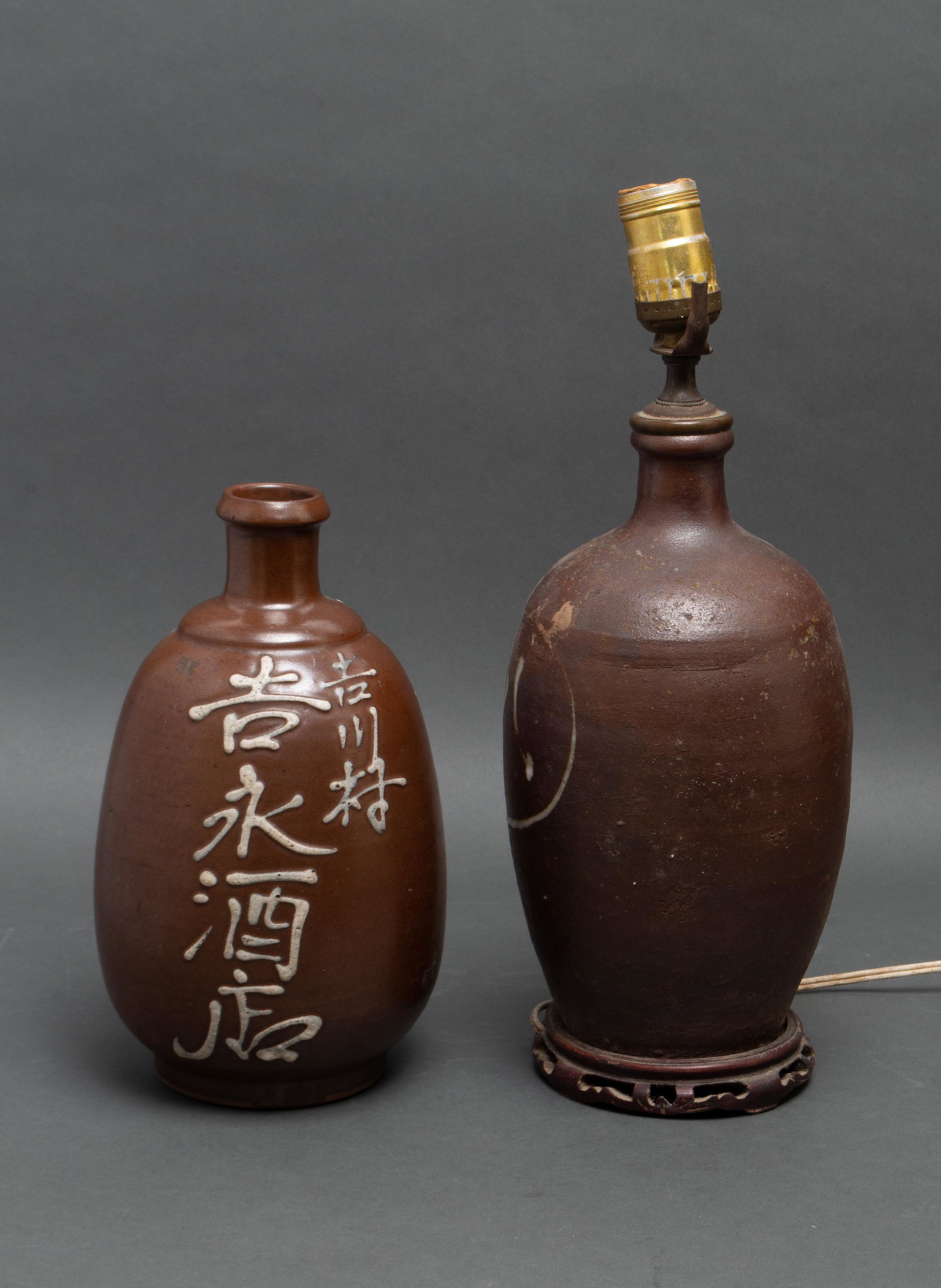 Japanese Tamba Tokkuri Sake Bottle Lamp & Vase, 2: Japanese Tamba Tokkuri Sake Bottle Lamp & Vase, 2 Japanese Tamba bronze-color glazed earthenware sake bottle / tokkuri, Taisho period (1912-1926), from the Tamba kiln near Kyoto, the calligraphy givin