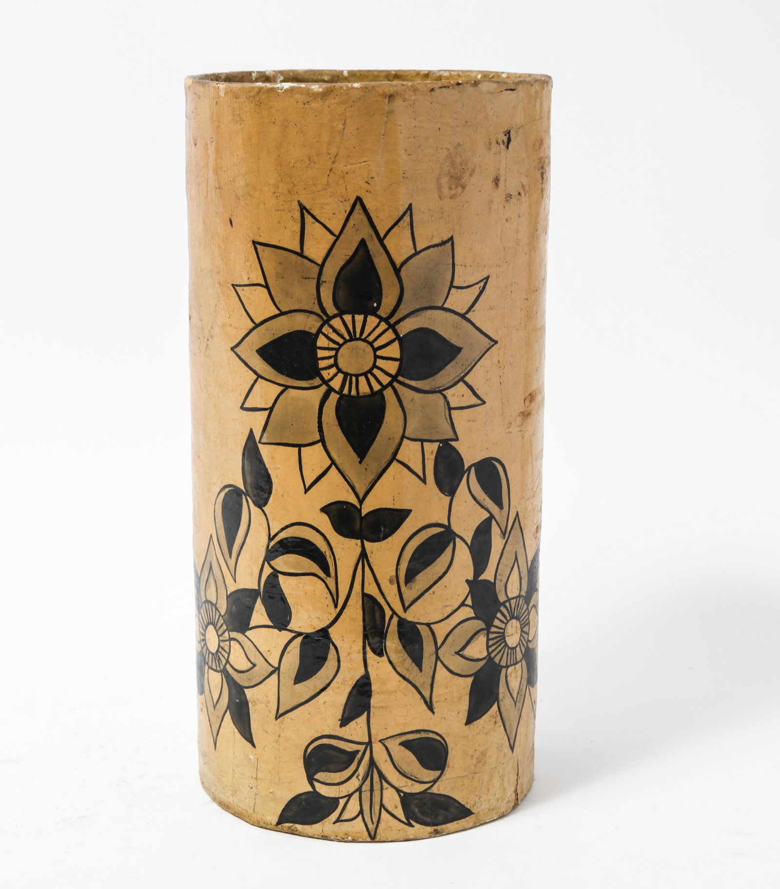 Mid-Century Paint Decorated Papier Mache Waste Bin: Mid-Century Paint Decorated Papier Mache Waste Bin Mid-Century paint decorated papier mache waste bin. 13.5" H x 6" diameter. Losses, wear.
