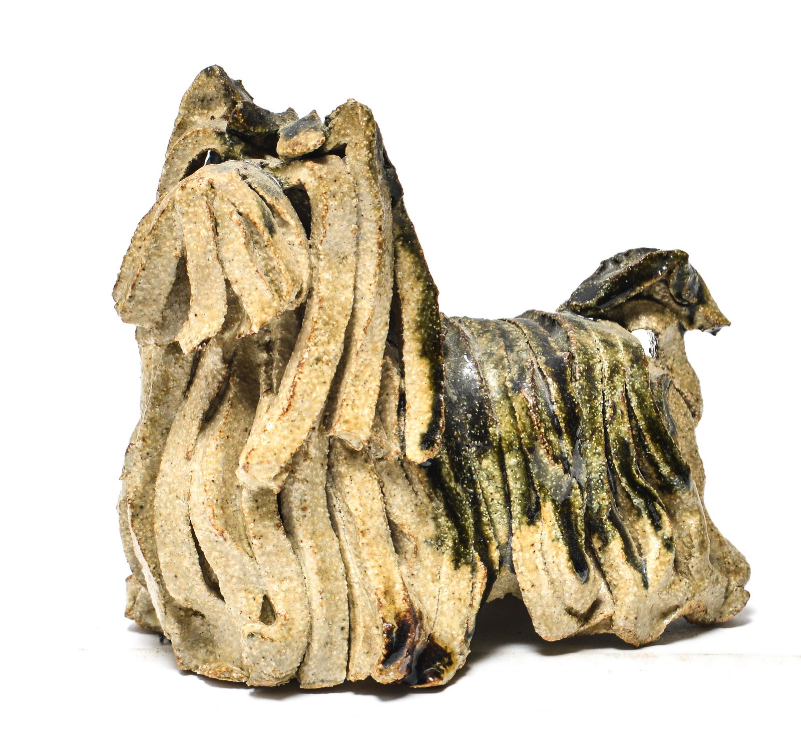 Long-Haired Yorkshire Terrier Pottery Sculpture: Long-Haired Yorkshire Terrier Pottery Sculpture Illegibly signed long haired Yorkshire terrier pottery / earthenware sculpture with stylized hair, bearing illegible signature and date "1970" underside