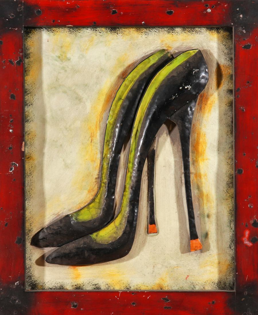 Stylized High Heel Sheet Metal Art Composition: Stylized High Heel Sheet Metal Art Composition 22.25" H x 18.75" W x 1.25" D. Some abrasions to metal and composition frame.