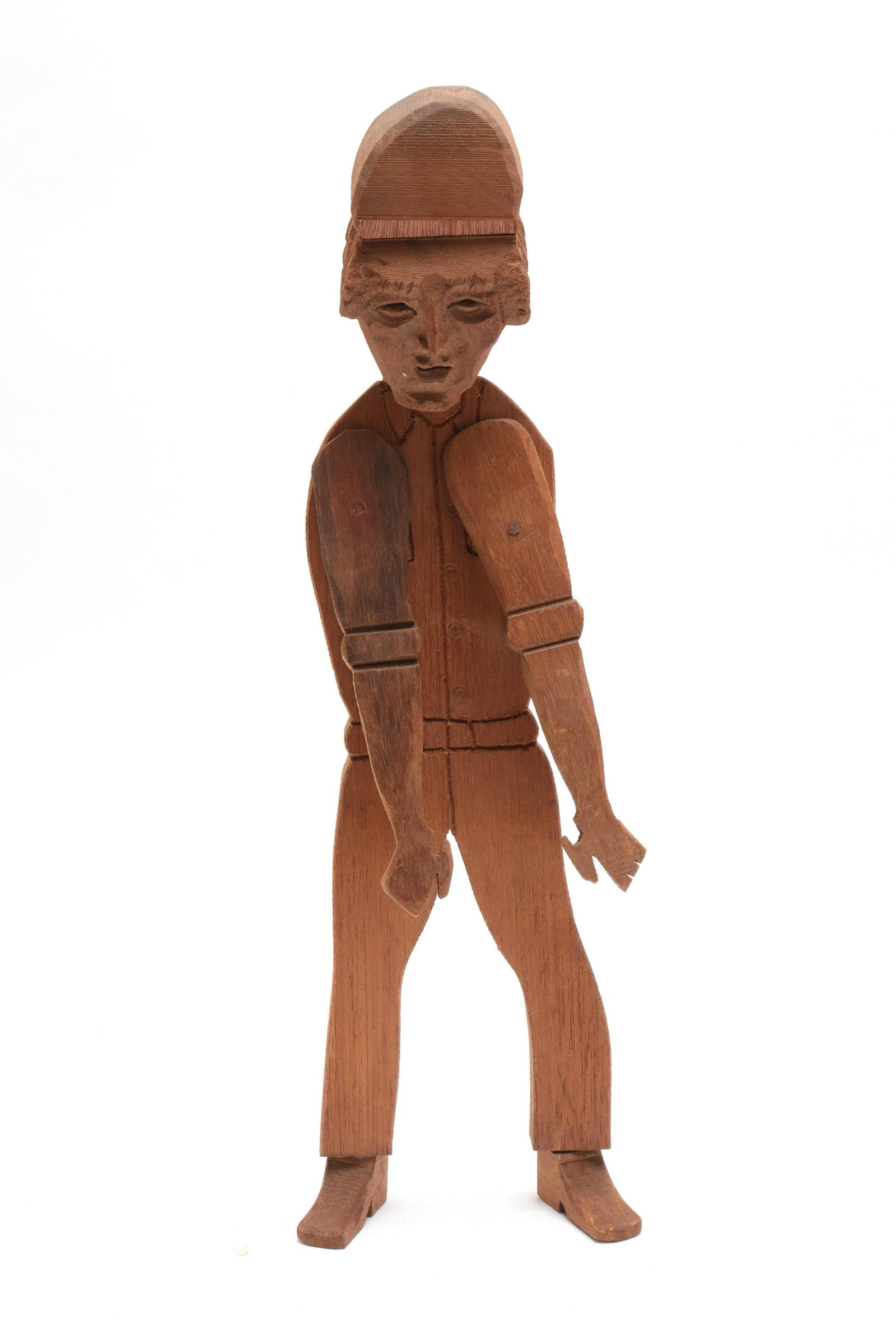 Folk Art Carved Wood Figural Sculpture Signed RJP: Folk Art Carved Wood Figural Sculpture Signed RJP Folk Art carved wood figural sculpture depicting a man with arms stretched downward, signed on reverse: "RJP." 18" H x 5.5" W.