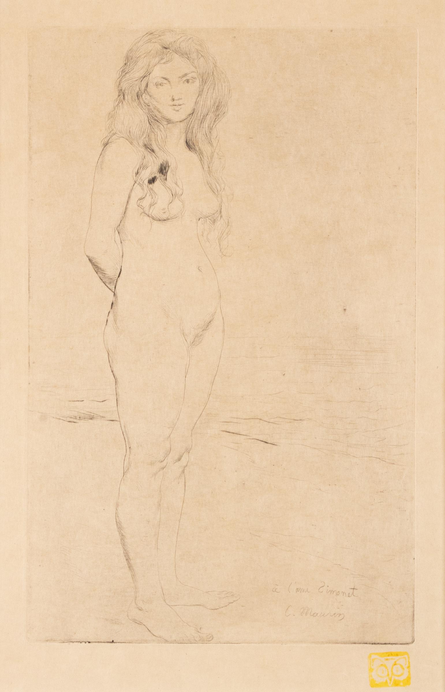 Charles Maurin "A L'Ami Simonet" Drypoint Etching: Charles Maurin "A L'Ami Simonet" Drypoint Etching Charles Maurin (French, 1856 - 1914) "A l'ami Simonet" drypoint etching depicting female nude, bearing title and signature "C. Maurin" in plate, with