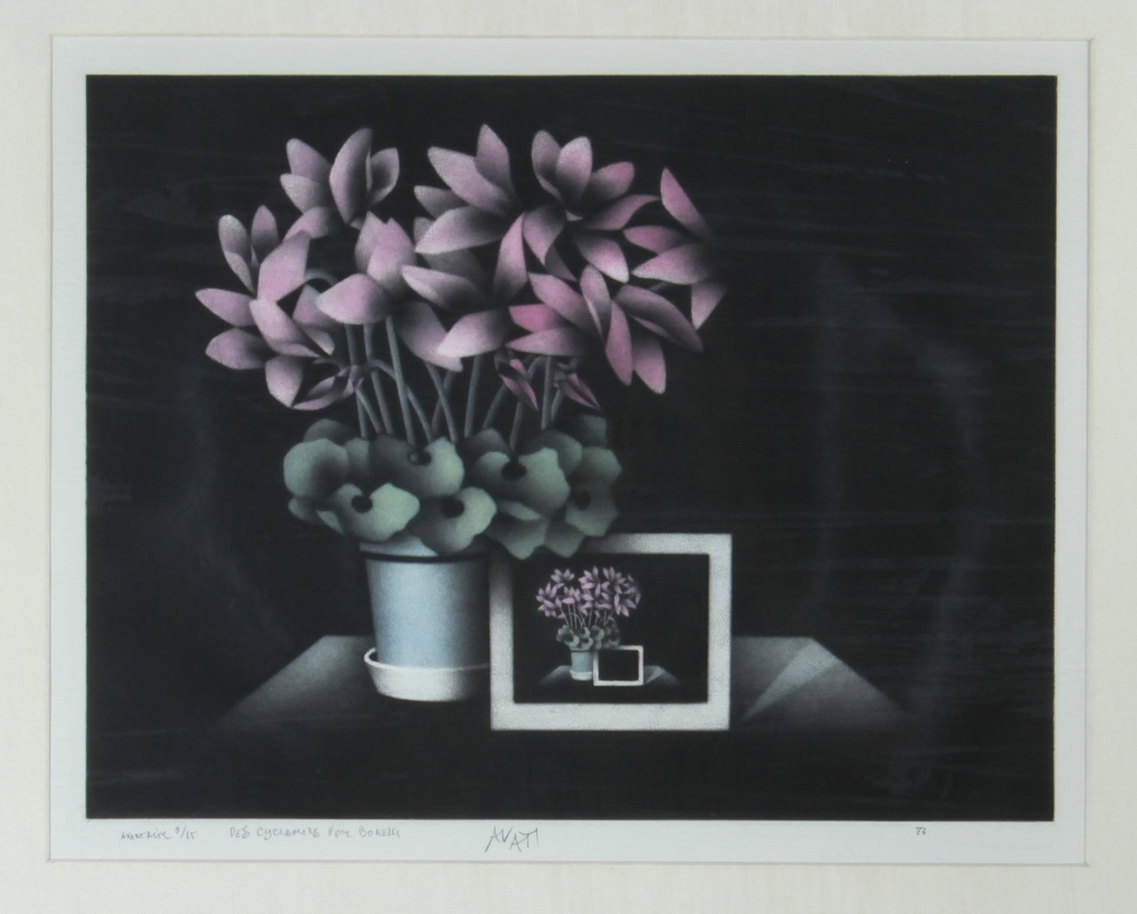 Mario Avati "Cyclamens Still Life" Mezzotint: Mario Avati "Cyclamens Still Life" Mezzotint Mario Avati (French 1921-2009) "Cyclamens..." 1986, depicting still life with flowers, signature, date, title and edition number 9 /15 all in lower margin 