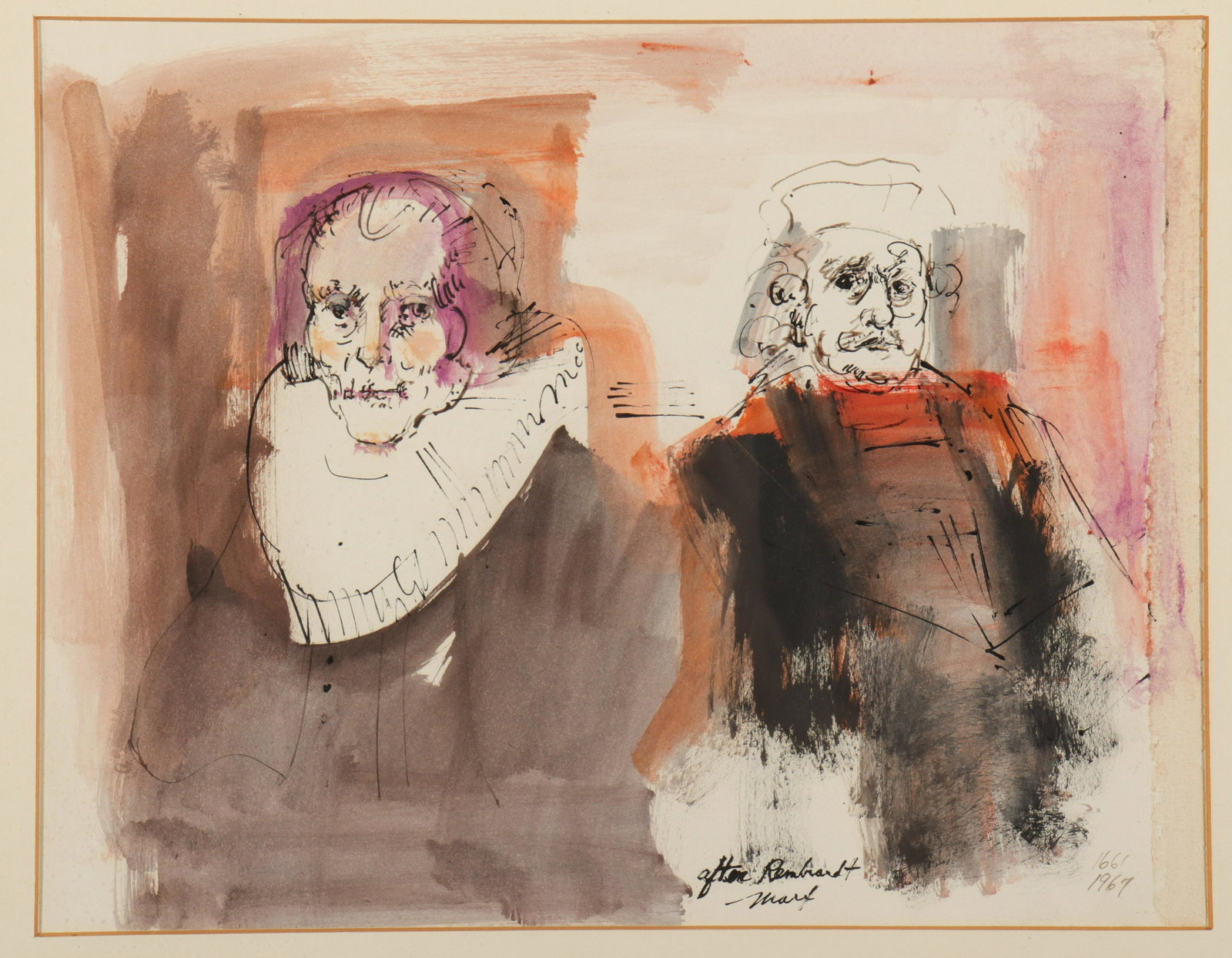 Marcia Marx "After Rembrandt" Watercolor on Paper: Marcia Marx "After Rembrandt" Watercolor on Paper Marcia Marx (American, 1931-2005) "After Rembrandt," 1967, watercolor and ink on paper, titled and signed: "Marx" lower right. Image: 10" H x 13.25" W