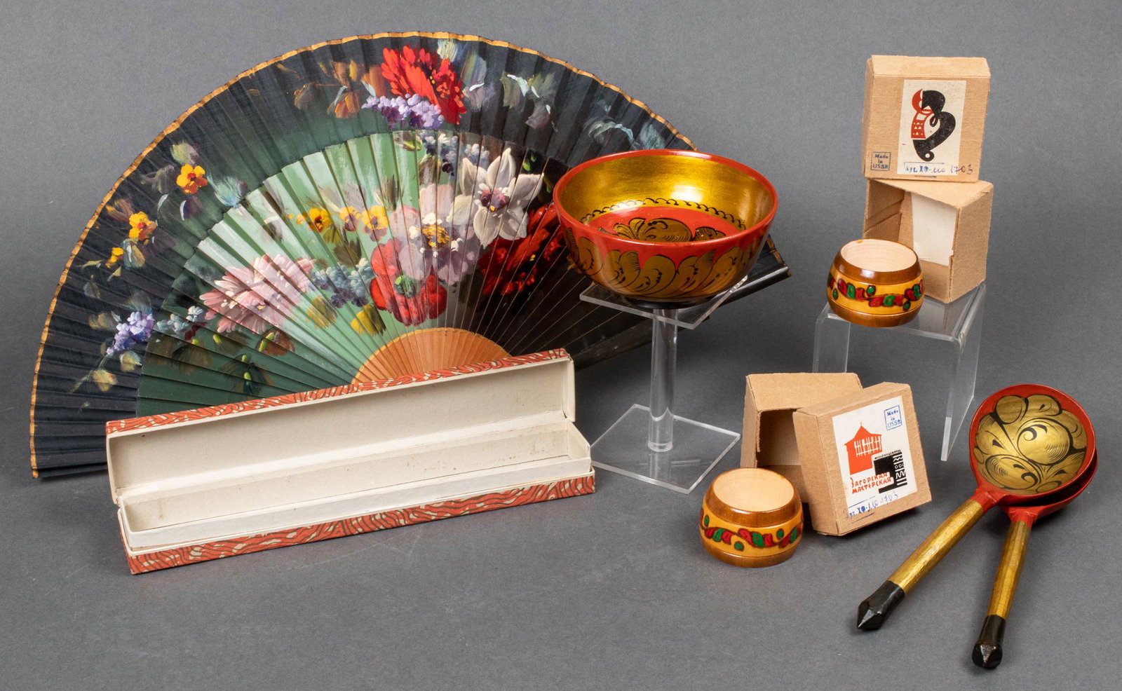 Russian Hand Painted & Enameled Articles, 6: Russian Hand Painted & Enameled Articles, 6 Group of six Soviet Russian hand painted and enameled wood articles, comprising a floral decorated fan, a small gilt and red lacquered bowl with matching sp