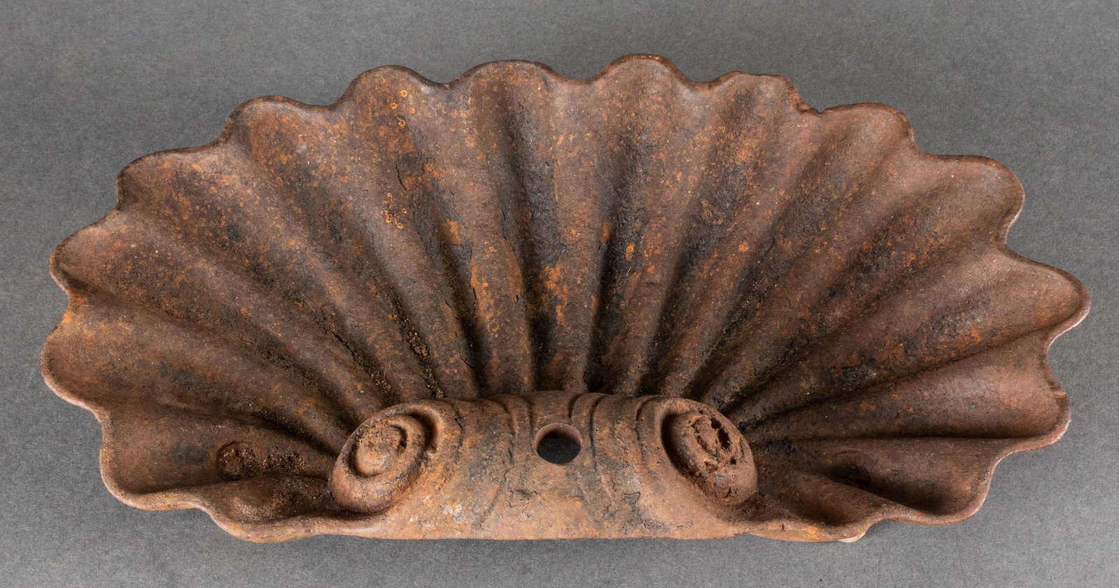 Cast Iron Garden Ornament Shell, Antique: Cast Iron Garden Ornament Shell, Antique Antique cast iron footed shell garden element. 2" H x 12" H x 7" D.