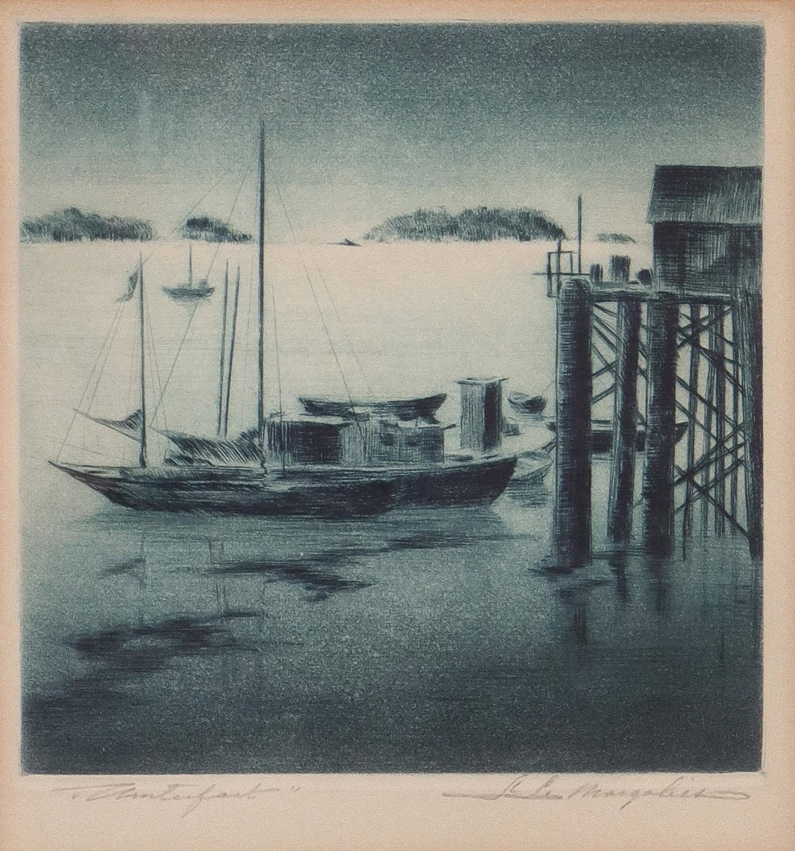Samuel Margolies "Harbor Scene" Etching & Aquatint: Samuel Margolies "Harbor Scene" Etching & Aquatint Samuel L. Margolies (American, 1897–1974) etching and aquatint depicting boats in harbor, bearing signature "S. L. Margolies" in pencil lower right
