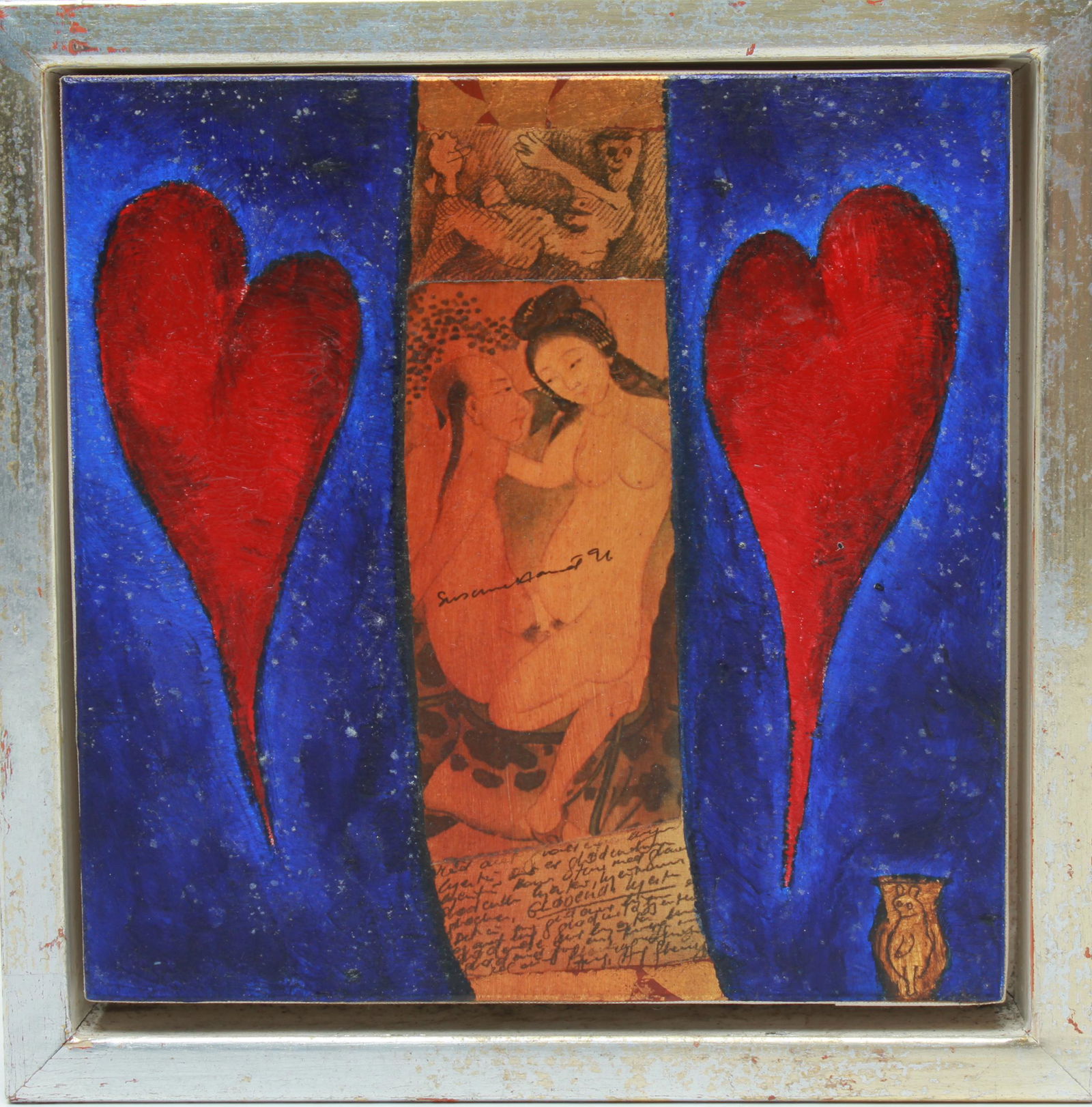 Illegibly Signed Erotic Mixed Media on Board: Illegibly Signed Erotic Mixed Media on Board Erotic mixed media collage on Masonite/ board, featuring a nude couple flanked by red hearts, a standing rabbit-like figure in bottom right corner, illegib