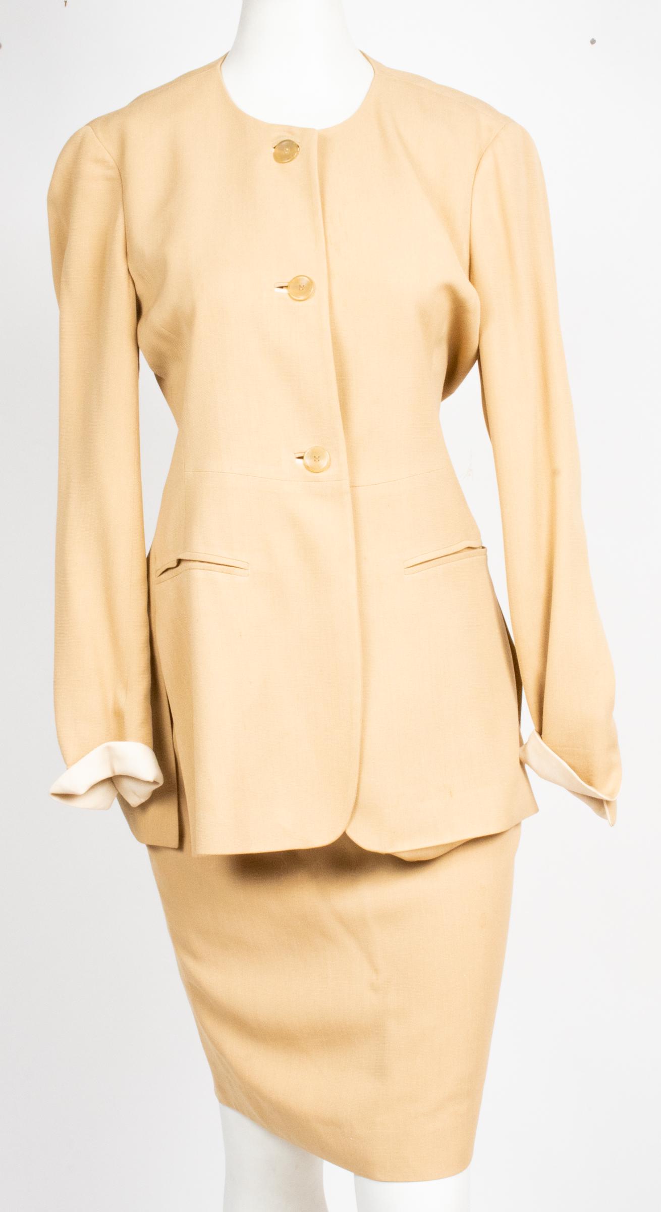Jill Sander Women's Camel Skirt Suit, 2 Pieces: Jill Sander Women's Camel Skirt Suit, 2 Pieces Jill Sander two piece khaki tan suit, comprised of a jacket and skirt, each with maker's label "Jill Sander" and additional labels marked size 34, "Made 
