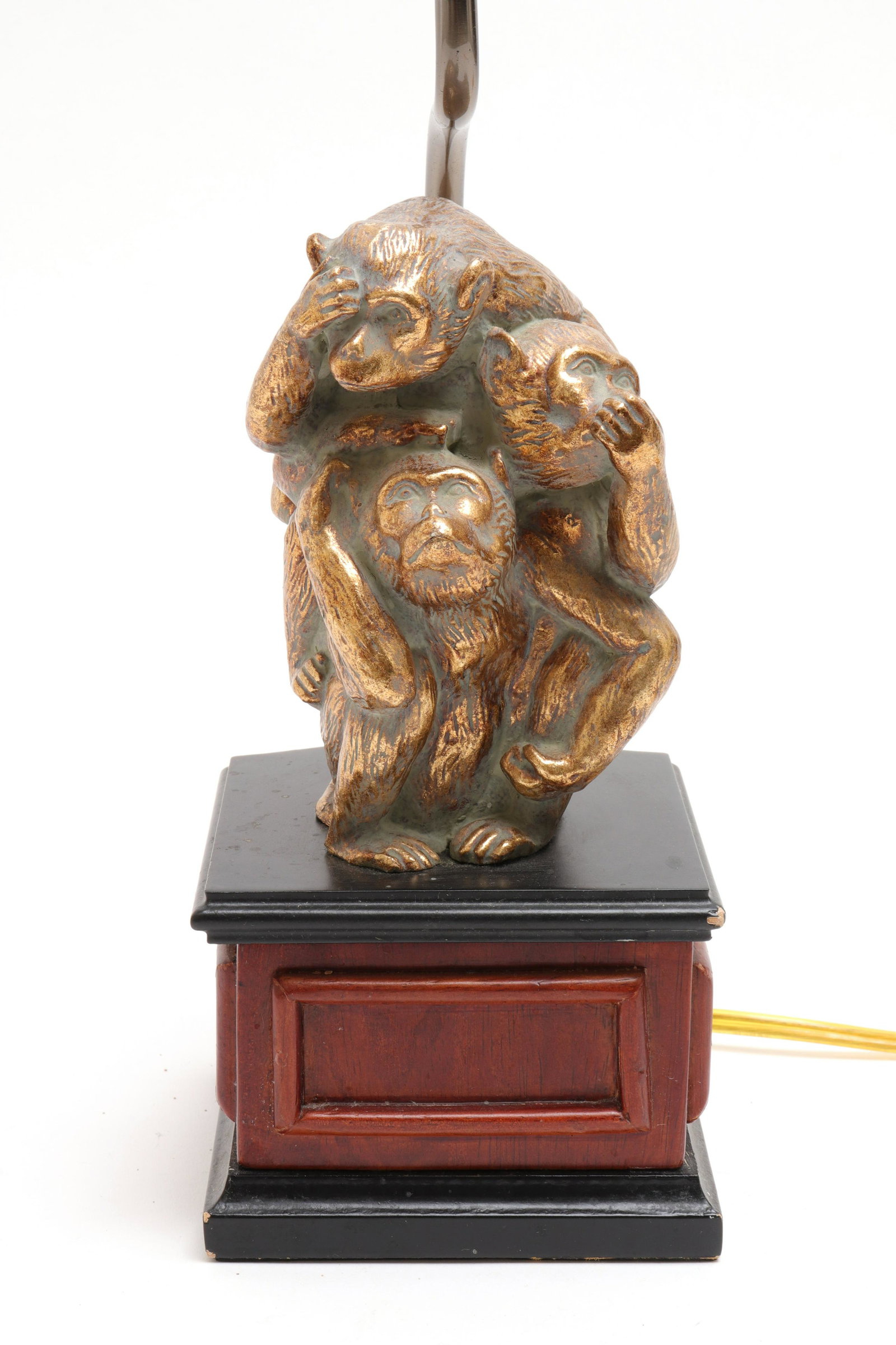 Three Wise Monkeys Modern Table Lamp: Three Wise Monkeys Modern Table Lamp Modern composition table lamp depicting "Three Wise Monkeys" pictorial proverb, mounted to base. Sculpture and base measure 9.5" H. Minor chips to base.