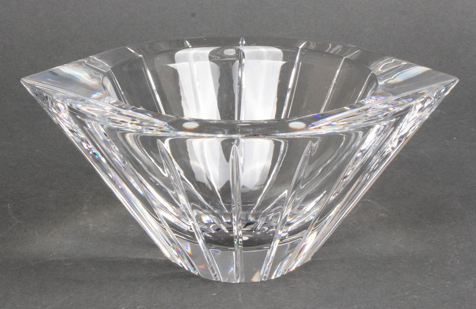 Orrefors Modern Cut Crystal Flared Bowl: Orrefors Modern Cut Crystal Flared Bowl Orrefors modern crystal eye form bowl with radiating incised line decoration, signed and numbered to underside. 3.625" H x 8" W x 6.75" D.