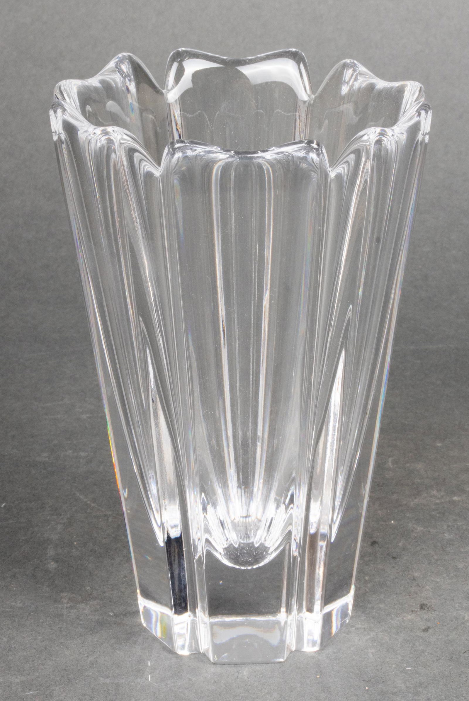 Orrefors "Corona" Modern Cut Crystal Vase: Orrefors "Corona" Modern Cut Crystal Vase Orrefors modern crystal vase in the "Corona" pattern, signed to underside. 5.75" H x 3.5" diameter.