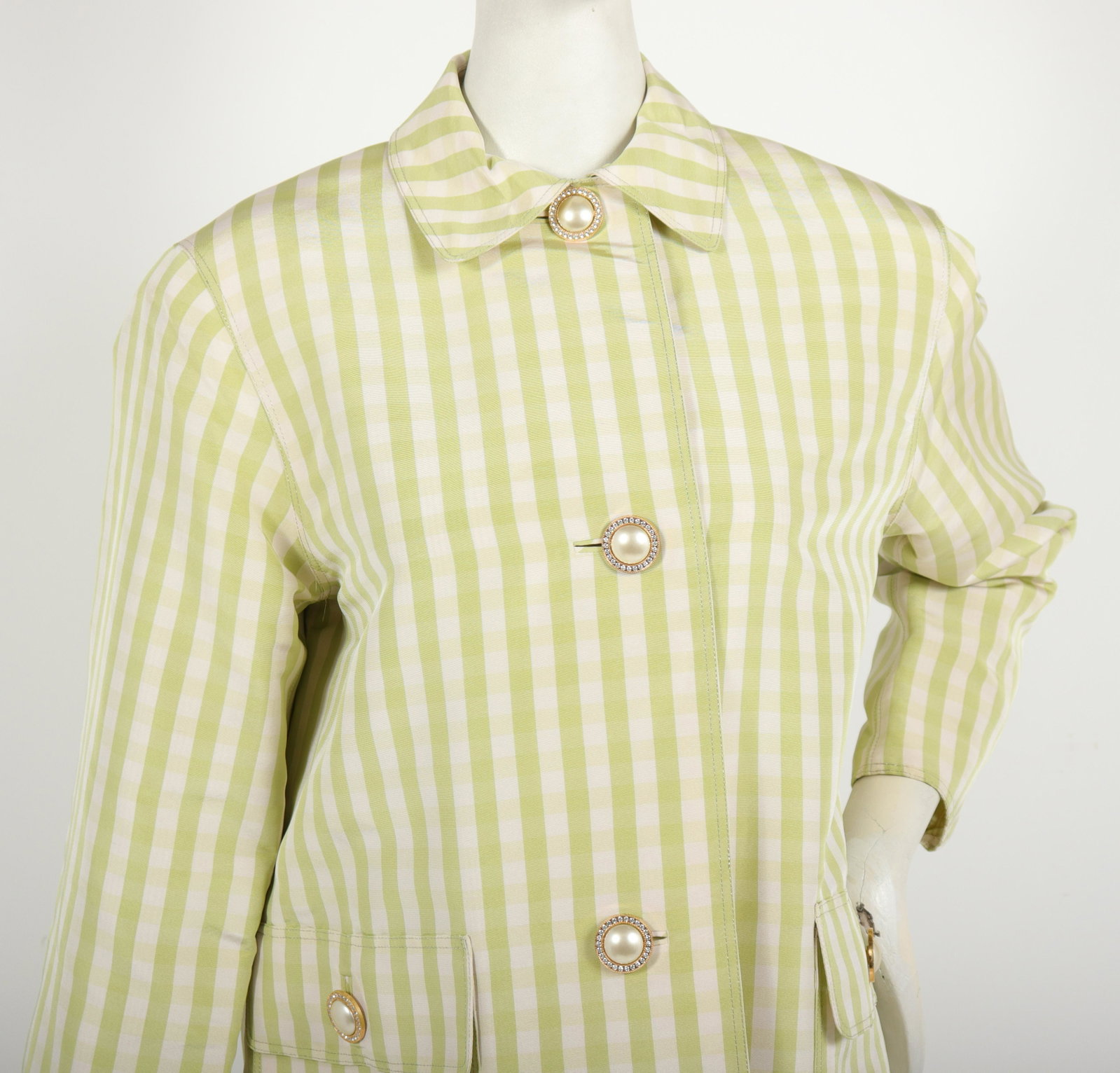 Geoffrey Beene Green Gingham Blazer, Vintage: Geoffrey Beene Green Gingham Blazer, Vintage Vintage Geoffrey Beene green gingham blazer, single-breasted with two side pockets, rhinestone and faux pearl buttons, designer's label "Geoffrey Beene" to