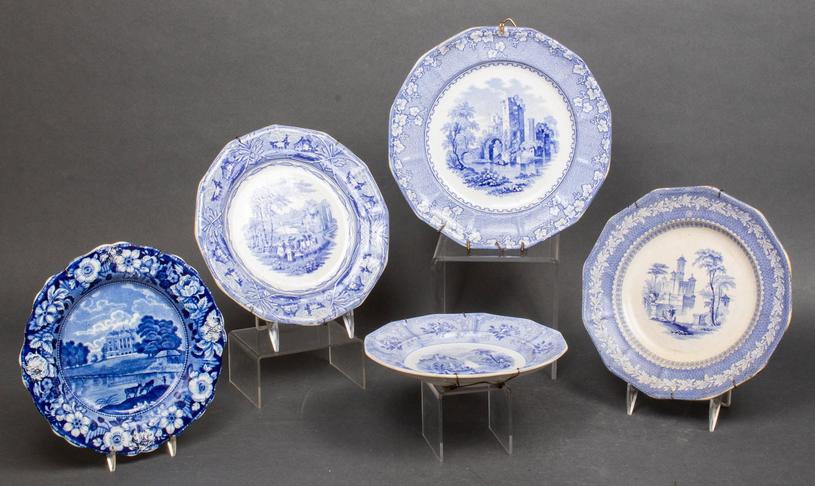 Staffordshire & Other Assorted Transferware Plates: Staffordshire & Other Assorted Transferware Plates Assortment of five English blue and white transferware pottery plates, including Cobridge "Priory," Venables, Mann & Co, J. Heath Ontario Lake Scener