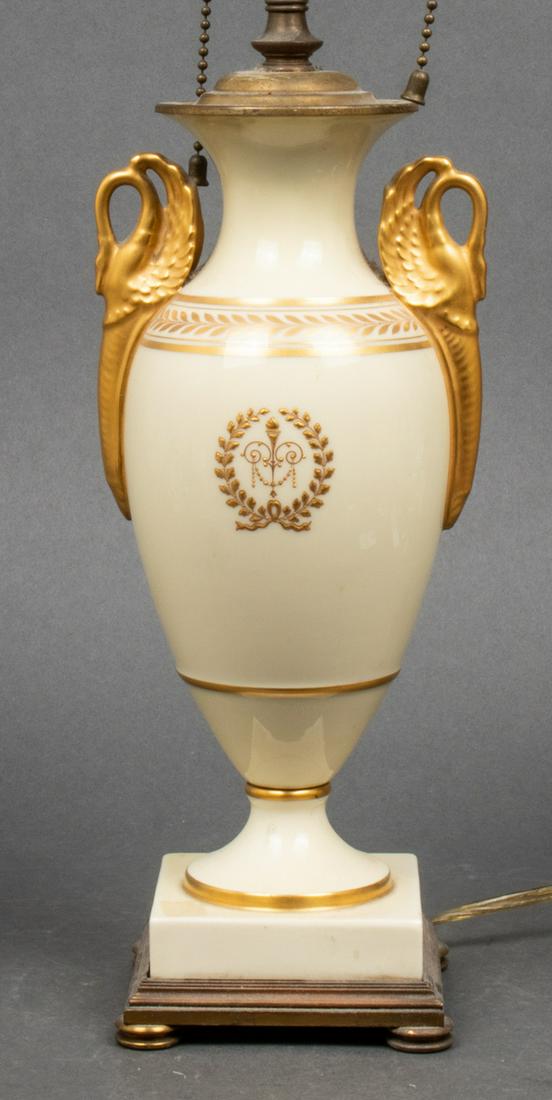 Lenox Empire Vase Table Lamp W Swan Handles: Lenox Empire Vase Table Lamp W Swan Handles Empire porcelain table lamp, attributed to Lenox, no apparent signatures or hallmarks, loss and wear to gilt, with swan handles and wreath motifs, double so