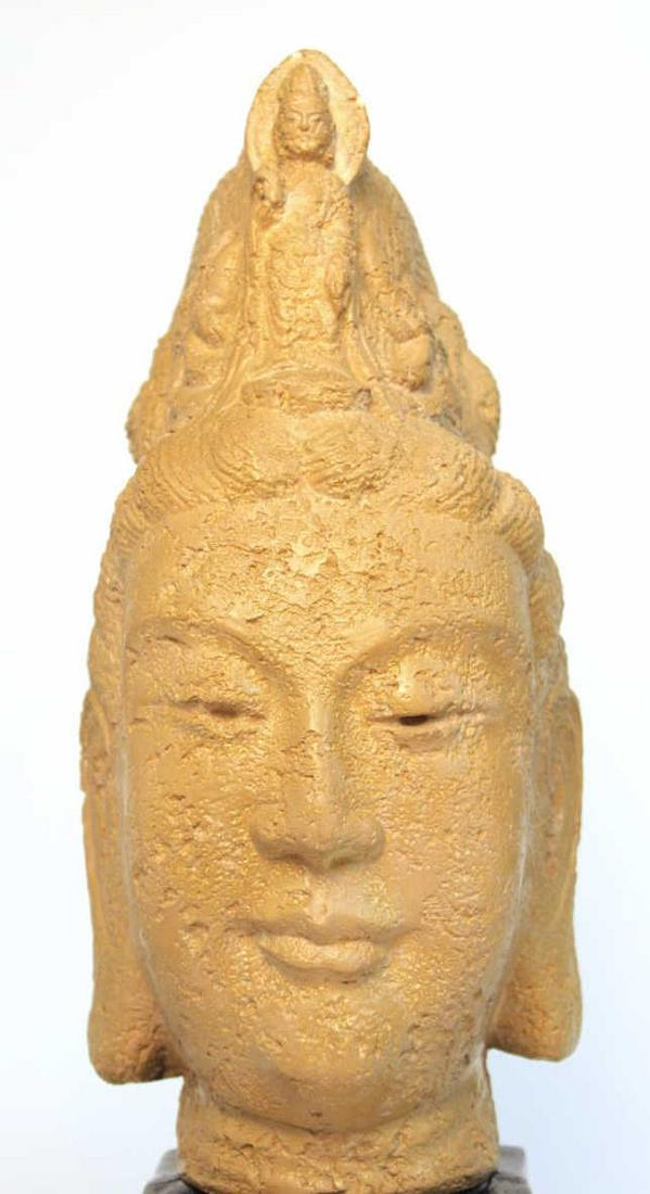 Guanyin with Buddha Headdress Plaster Bust: Guanyin with Buddha Headdress Plaster Bust Guanyin head with Buddha headdress cast plaster bust sculpture and painted black base. 25" H. Chips.