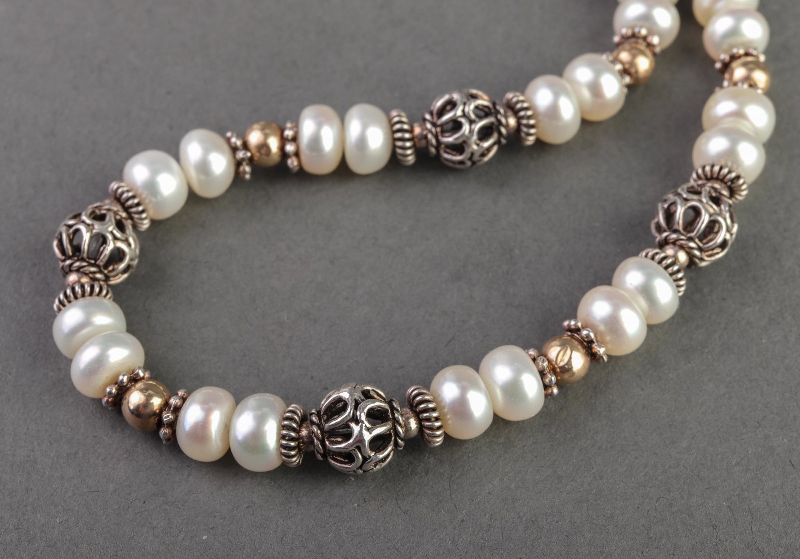 Renaissance Style Silver and Oval Pearl Necklace: Renaissance Style Silver and Oval Pearl Necklace Contemporary Renaissance style sterling silver and vermeil bead and oval pearl necklace with lobster claw clasp, marked "925." Openwork silver beads ap