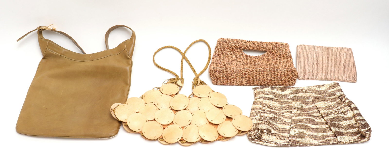 Jane August & Others Wood Bead & Woven Handbags, 5: Jane August & Others Wood Bead & Woven Handbags, 5 Group of five neutral tone handbags, including a leather and canvas handbag with designer label "Jane August" to interior, a wood beaded handbag with