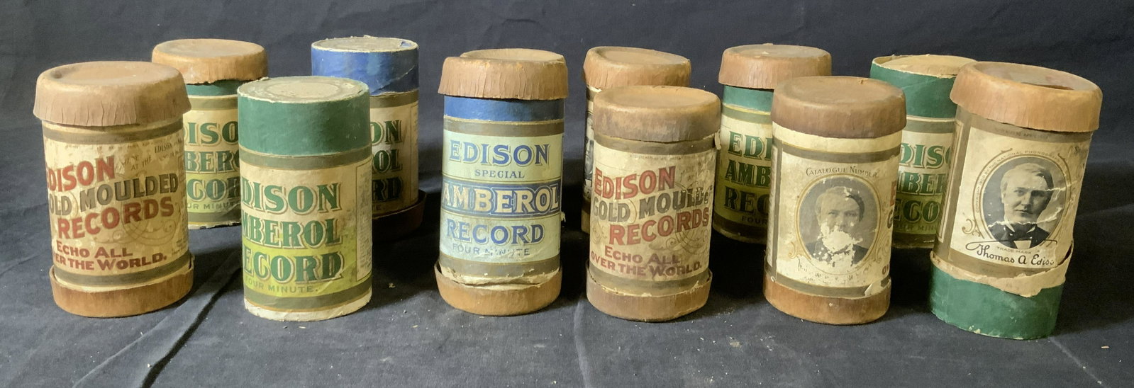 Lot 12 Antique EDISON Cylinder Records: Lot 12 Antique EDISON Cylinder Records, c 1904-1911, inscriptions read ‘Edison gold mounded Records’, ‘Edison Amberol Records’, ‘Edison Record’, all measure 4 1/2 x 2 5/8 inches approximat