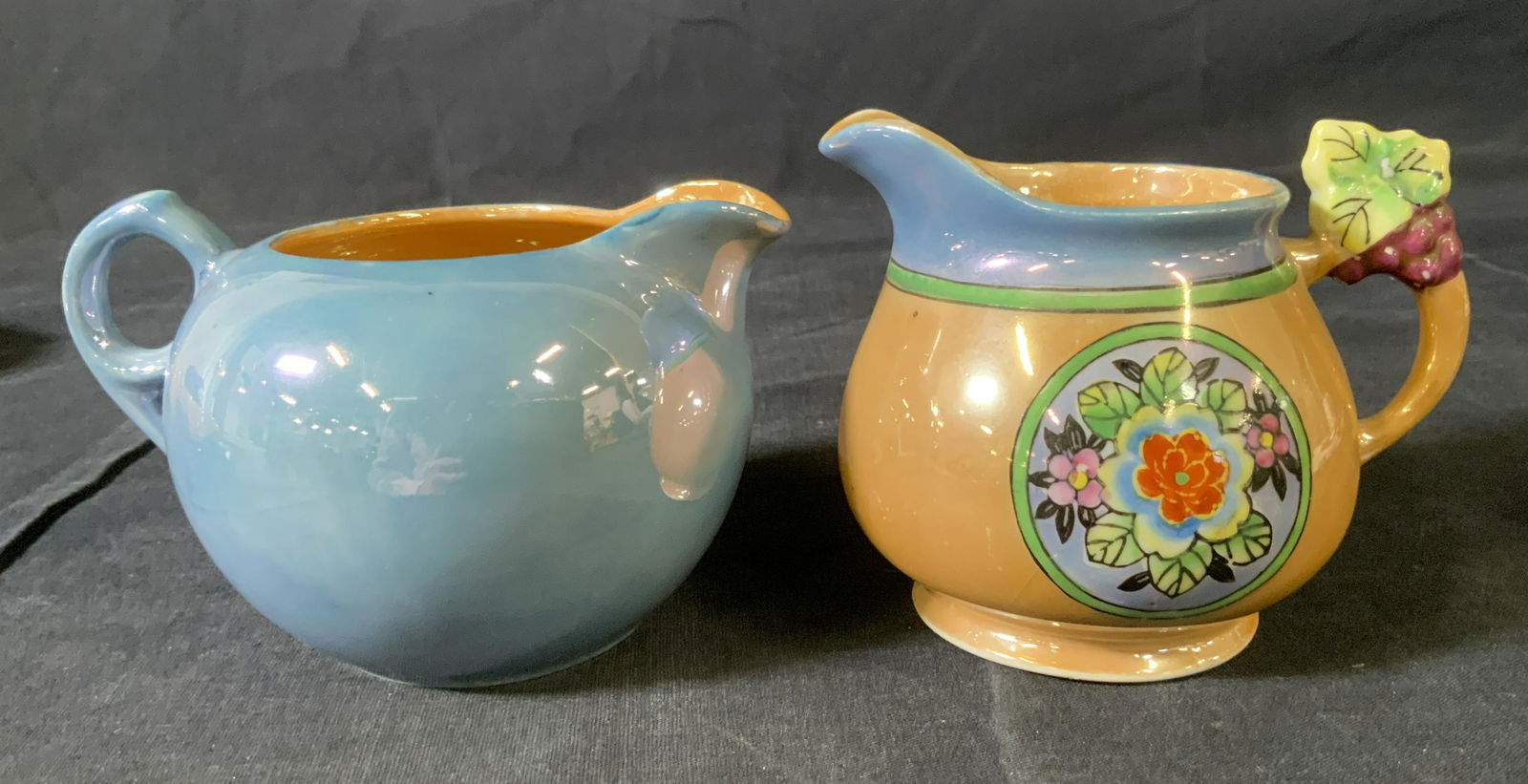 Lot 6 Teacups & Creamers, FIRE KING & Japan: Lot 6 Teacups & Creamers, FIRE KING & Japan, inscriptions read ‘Made in Japan’, ‘Hand Painted in Japan’, ‘Anchor Hocking Fire King Made in USA’, teacups measure 1 7/8 inches tall x 2 3/4 i