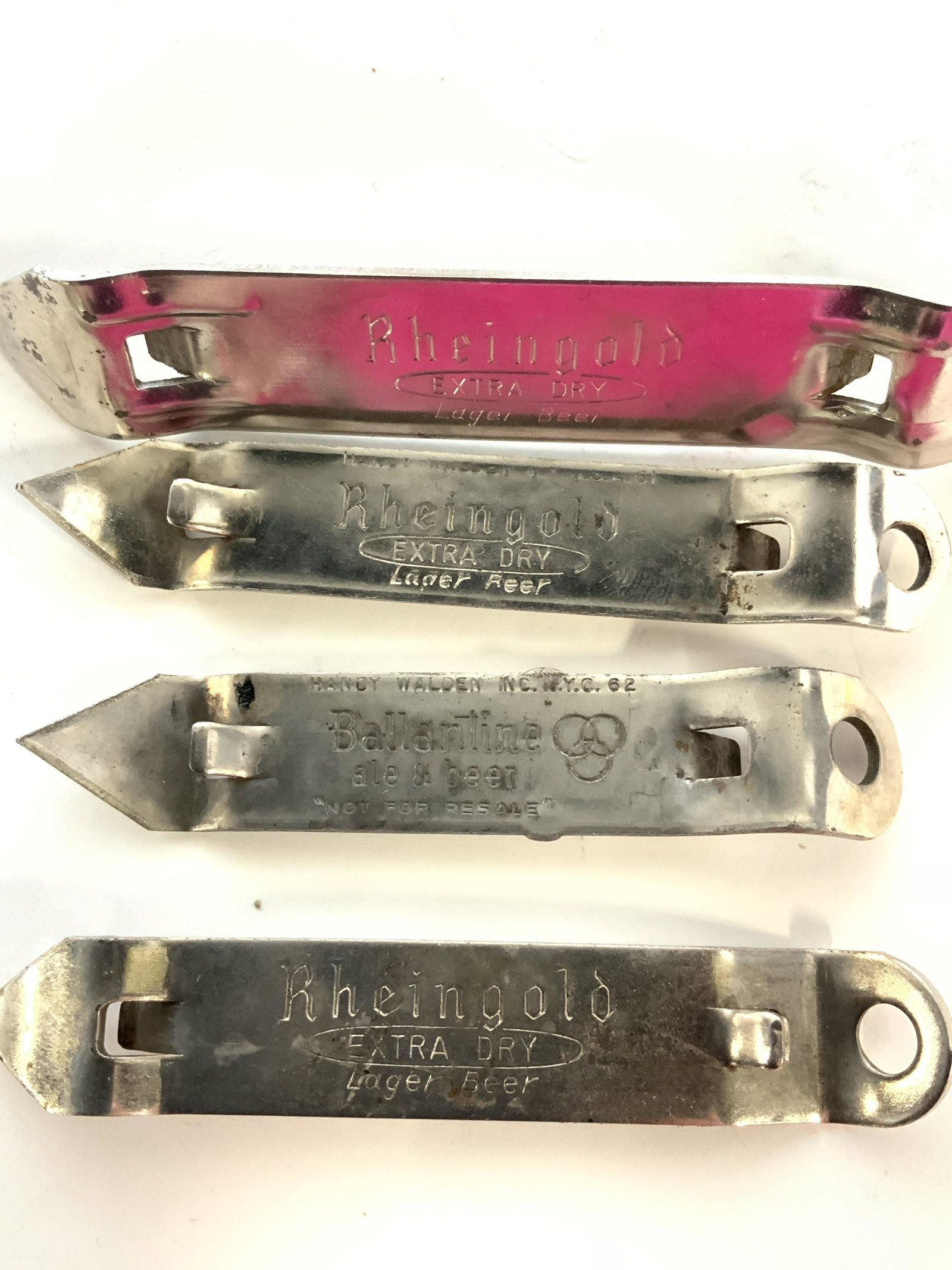 Vntg Lot4Beer&Can Openers-Rheingold & Ballantine: Vintage manual can openers also for ale and beer caps from beer companies and Hallmarked RHEINGOLD EXTRA DRY BEER & BALLANTINE ALE & BEER. Longest 4.25 in. Property of Multi Generational Brooklyn Coll