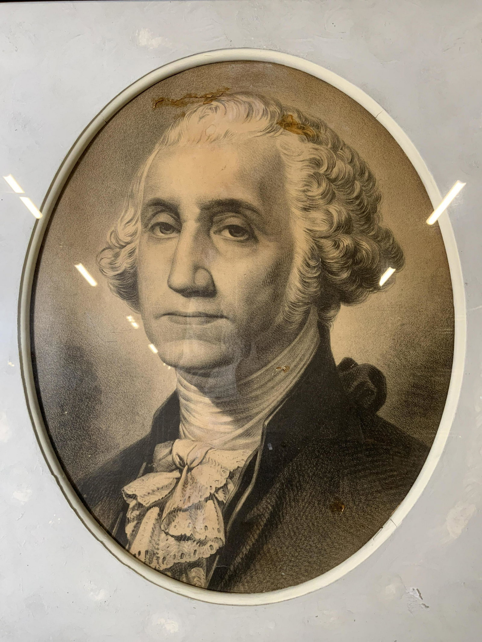 George Washington Lithograph Artwork: George Washington Lithograph, no apparent inscriptions or marks, not examined out of frame, subject a man in colonial clothing, measures 24 1/4 x 20 1/8 inches, black metal frame, some surface wear to