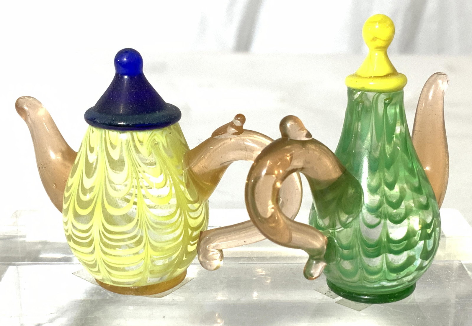 Lot 3 Pair Lenox Glass Teapot Figurines, more: Decorative art glass teapot figurines, Hallmarked with sticker label, reads LEENOX HAND CRAFTED - China. Chinese porcelain Bud vase, green with white flowers, marked China, repaired chipping to rim, a