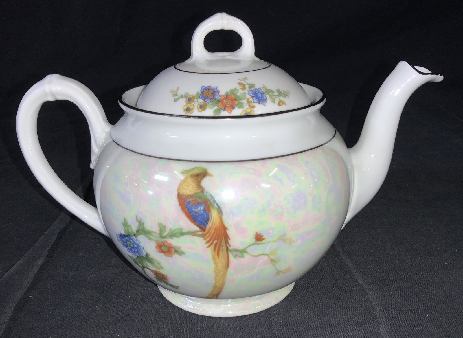 MZ Czechoslovakia Iridescent Porcelain Teapot: Pheasant decor and flower decor with iridescent coating on stark white porcelain. Vintage teapot , made in Czechoslovakia, Hallmarked MZ Austrian CMA Czechoslovakia, stamped 54 and has impressed Potte
