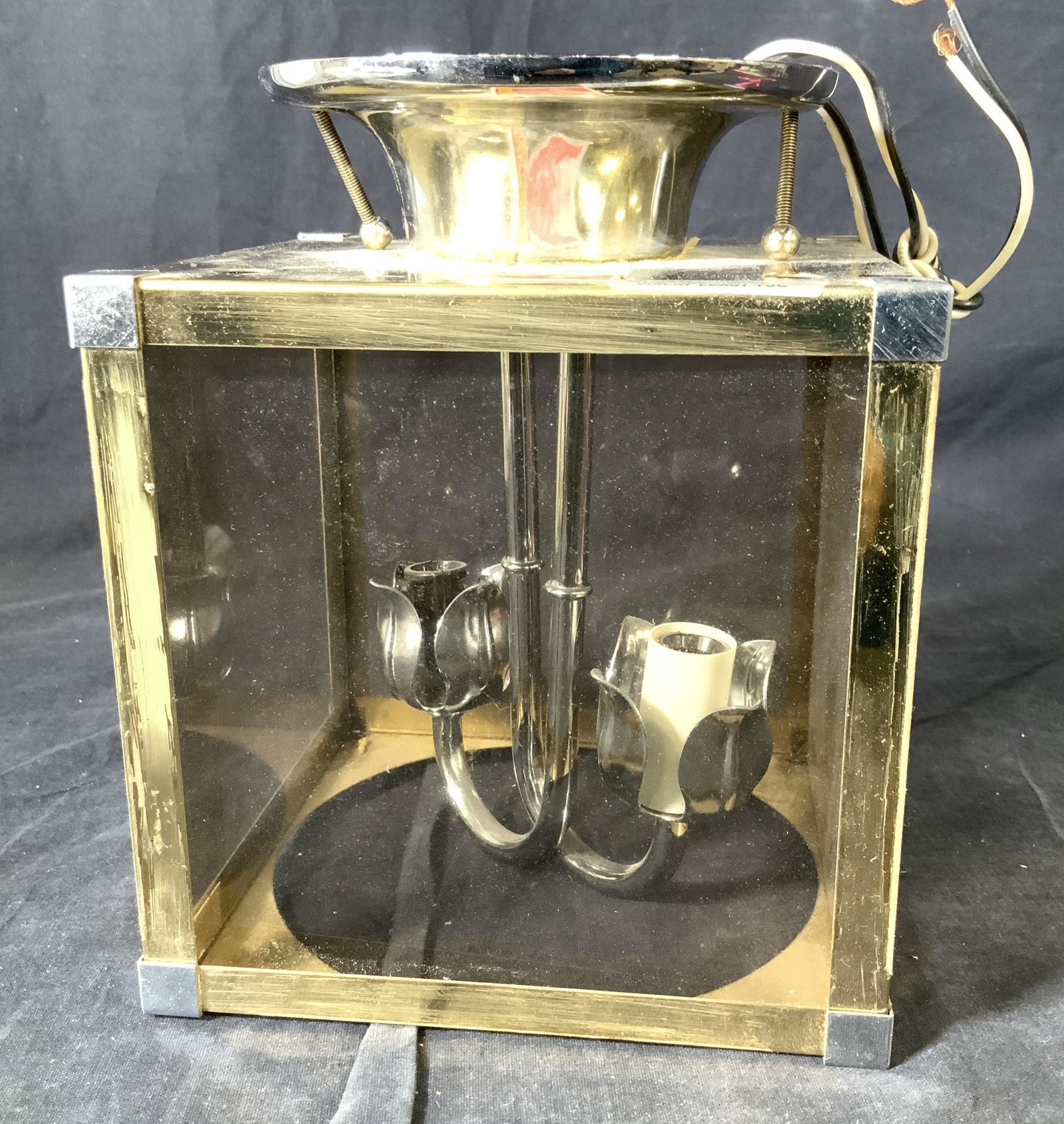 Vintage FREDERICK RAYMOND Ceiling Light: Brass and chrome square frame ceiling light with Smokey glass shades and two chandelier bulbs. Measures 6 7/8 in. Total ht with ceiling Mount app 8.5 in. Comes with ceiling screws, copper wiring. Wear