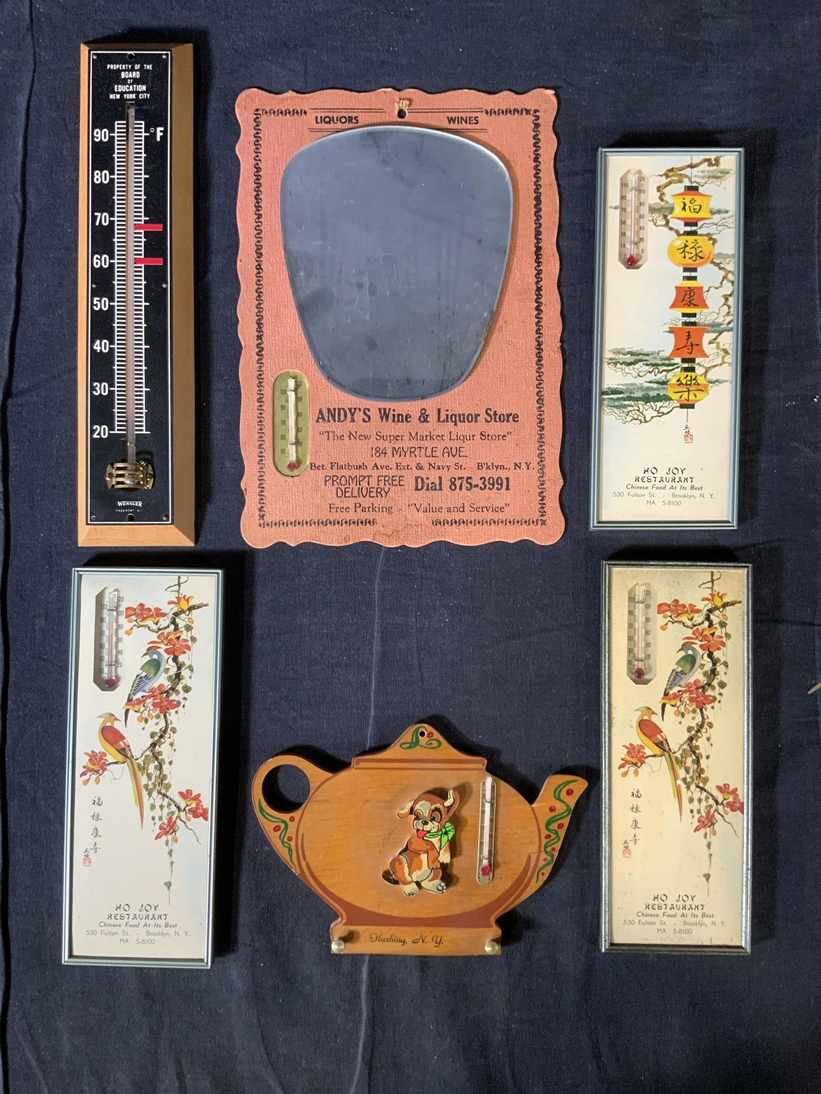 Lot 6 Vintage Thermometers: Lot 6 Vintage Thermometers, inscriptions read ‘Ho Joy Restaurant’, inscription to calendar reads ‘1966’, ‘Flushing, NY’, ‘Property of the board of education New York City Weksler’, ‘