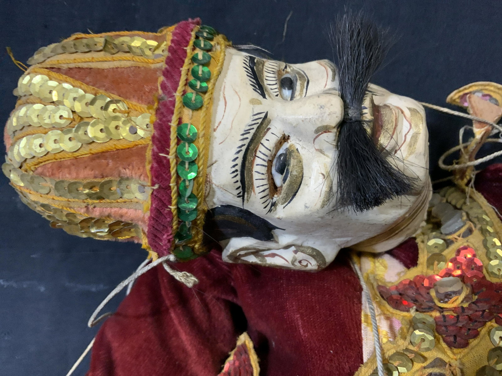 Hand Made Middle Eastern Puppet: Hand Made Middle Eastern Puppet, no apparent inscriptions or markings, subject a male puppet with large mustache wearing traditional middle eastern clothing, head is not properly attacked to piece, pu