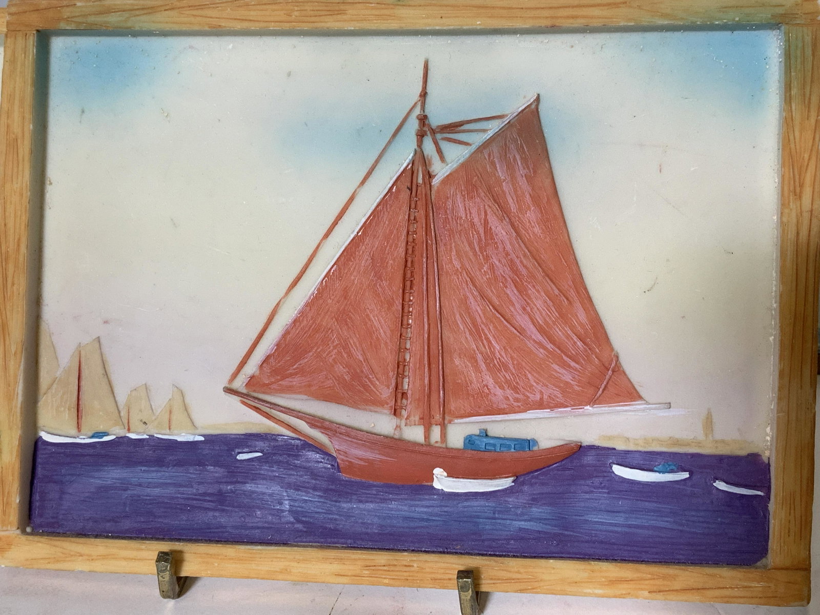 Lot 8 Small Framed Mixed Art Wall Decor: Pair Composite Sailboats in relief, 7 x 5 in. Set 3 18th c Ships on woos plaques, 1 flower still life. 3D of French artistocrats in 1700s framed in gilt wood frame under glass, framed wood floral stil