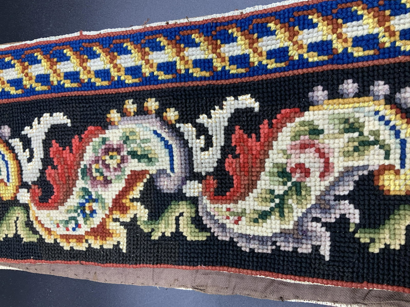 Vintage Needlepoint Textile Panel: Long Needlepoint panel , measures app 6.25 in. X 115.75 in.(9 ft. 7.75 in). Fabric backing, no surface issues with fabric or point stitching, Beautiful needlepoint. Hand sewn. Decorative arts, Needlep