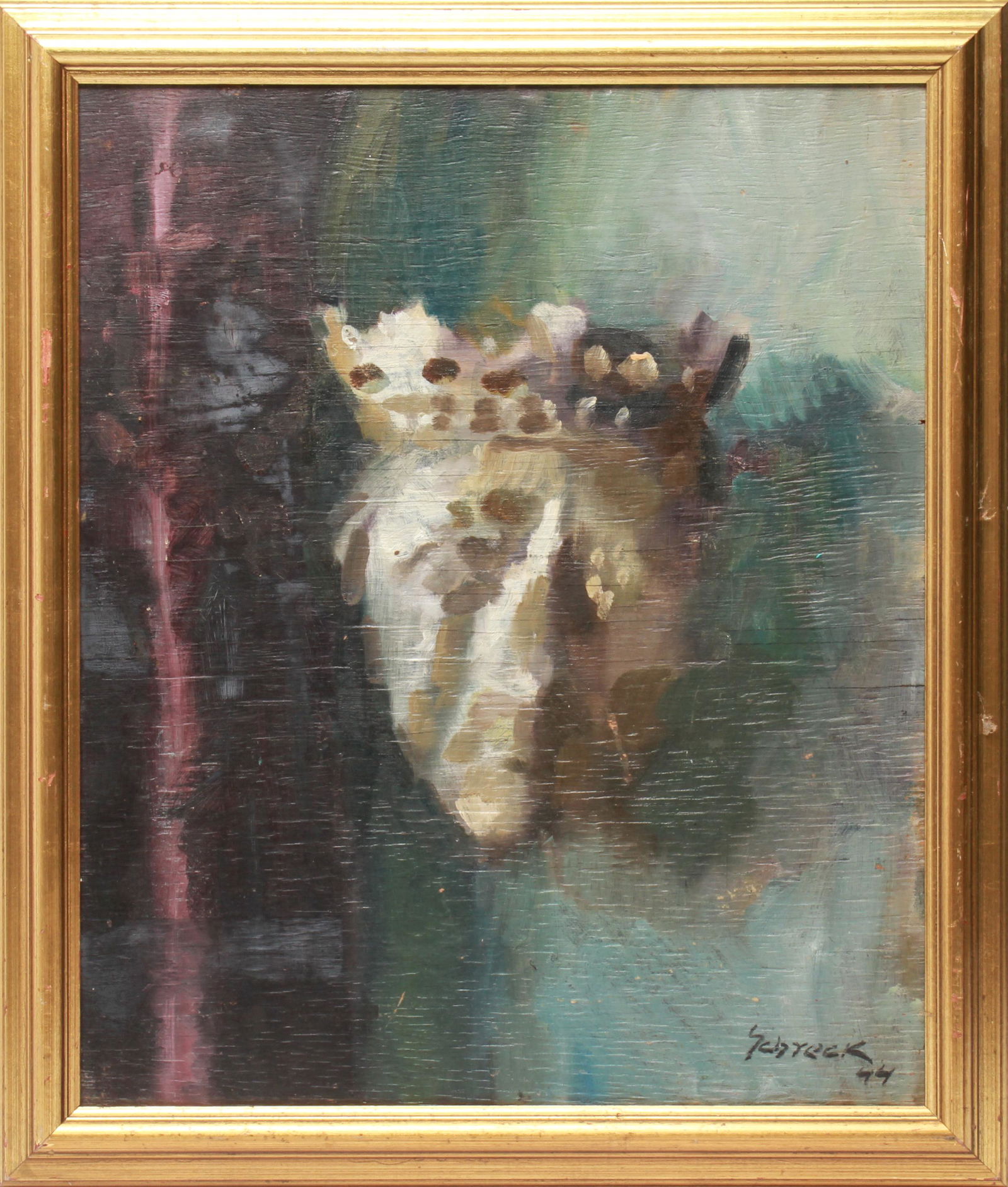 Michael Schreck "Dante Mask" Oil on Board: Michael Schreck (Austrian-American, 1901-1999) "Dante Mask," signed and dated lower right "Schreck 44," oil on board. Image: 17.5" H x 14.5" W; frame: 20.5" H x 17.5" W x .5" D. Splitting to board and
