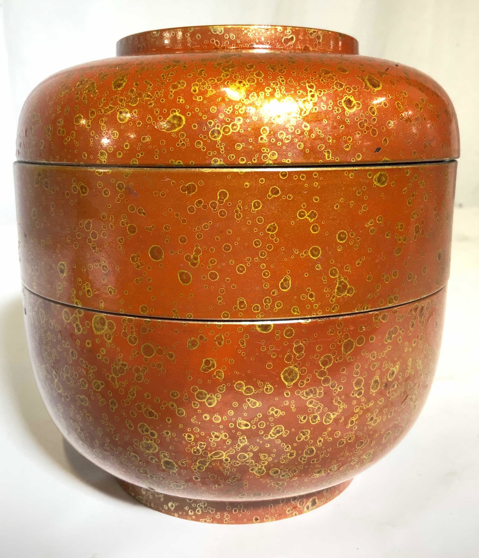 Lacquered 3 Piece Asian Bento Box Lunch Box: Piece includes bowl, middle area with 3 sections and lid. Exterior of piece is red with gold toned detail. Lunch box, bento box, tiffin box, Asian lunch box, Asian tiffin box, lacquered lunch box. Pie