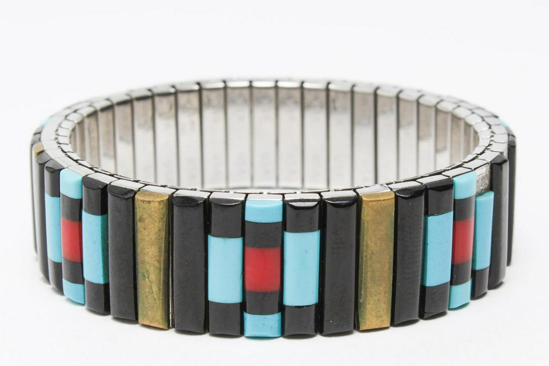 Woman's Jewelry inc. Vogt Silver & Native American: Silver and Native American jewelry, four pieces, comprising two engine-cut butterflies stamped "Mexico / Sterling / Vogt," a turquoise and silver band ring, and an expanding silver-tone metal bracelet