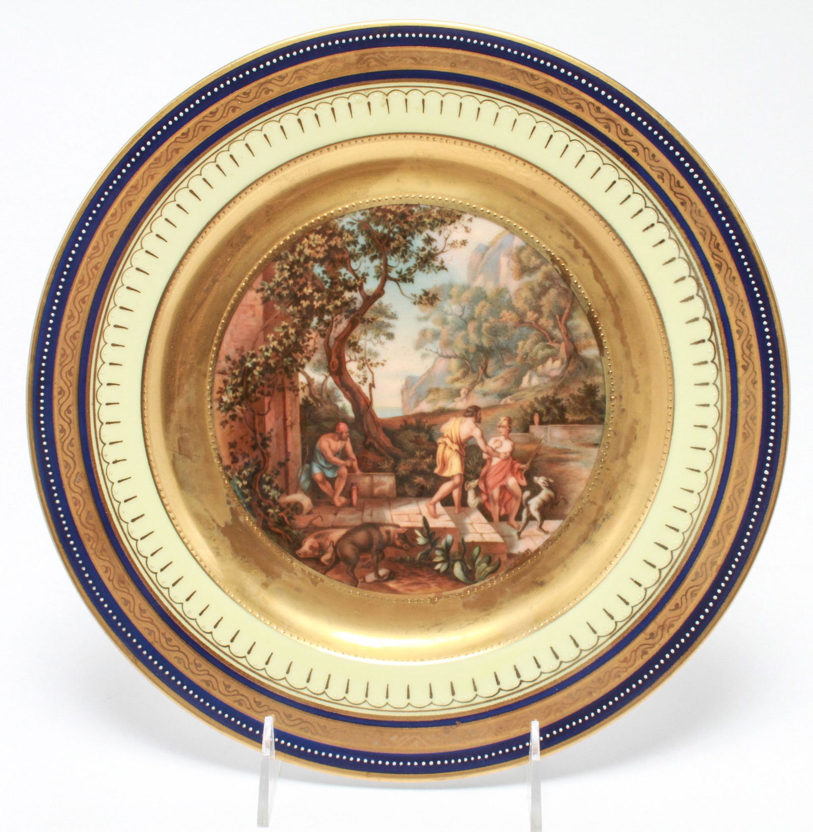 "Odysseus & Telemachos" Porcelain Cabinet Plate: Odysseus and Telemachos porcelain cabinet plate, bearing Royal Vienna type mark on reverse, hand-painted and gilt decoration, signed in image at bottom right "A. John." 10.75" diameter. Some color los