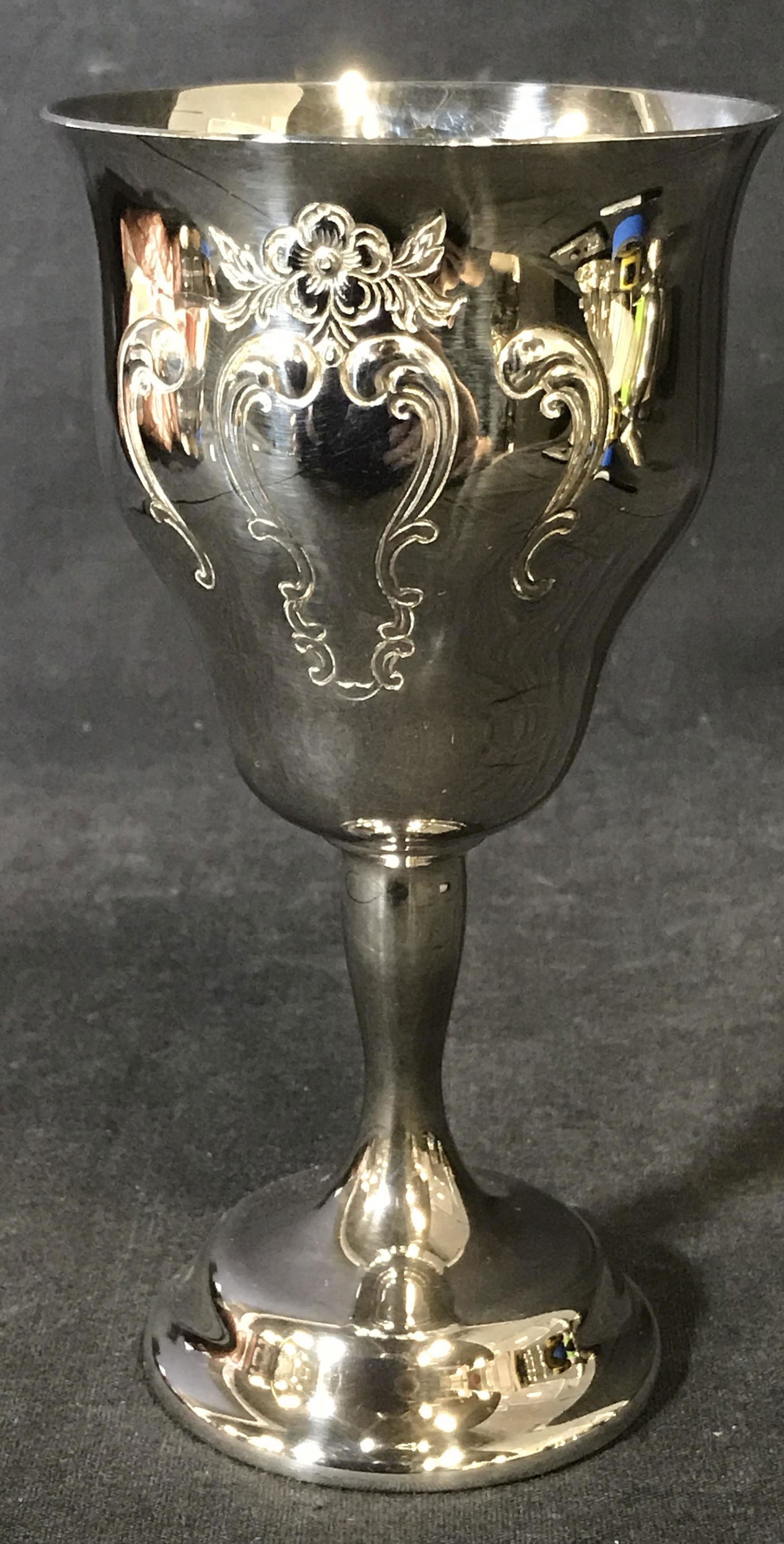 GORHAM Silver Plated Chalice: Silver Plated Chalice, by Gorham. Underside reads as GORHAM E.P., YC1340. Measures approx 6.5 inches H, and 3.5 inches W. Wear is consistent with age and use. Detailing appears to done through repouss