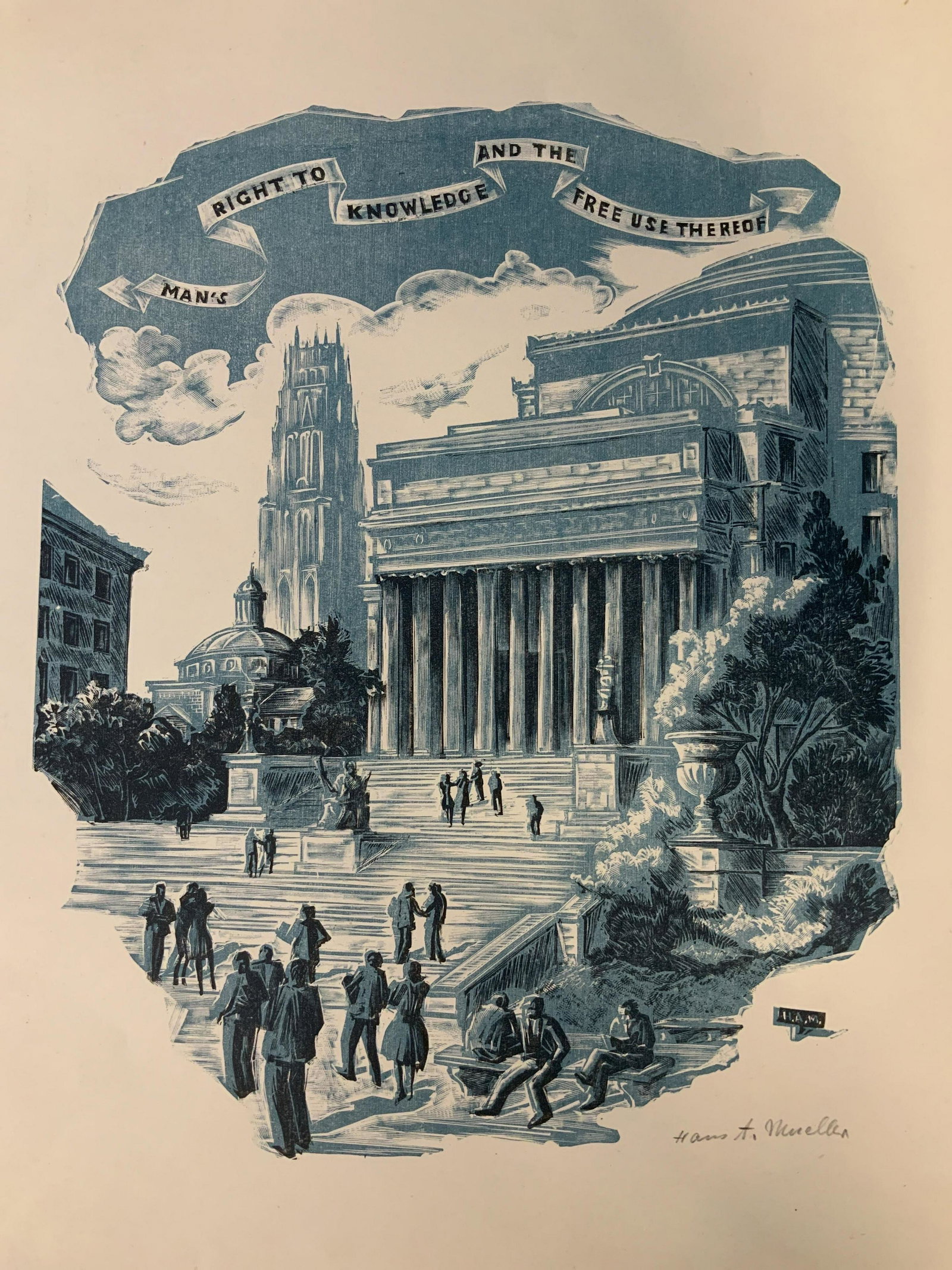 HANS A MUELLER Signed Woodcut: HANS A MUELLER Signed Woodcut, signature to lower right reads ‘Hans A Mueller’, inscription to lower right reads ‘HAM’, inscription to upper portion of piece reads ‘Man’s Right to Knowledg
