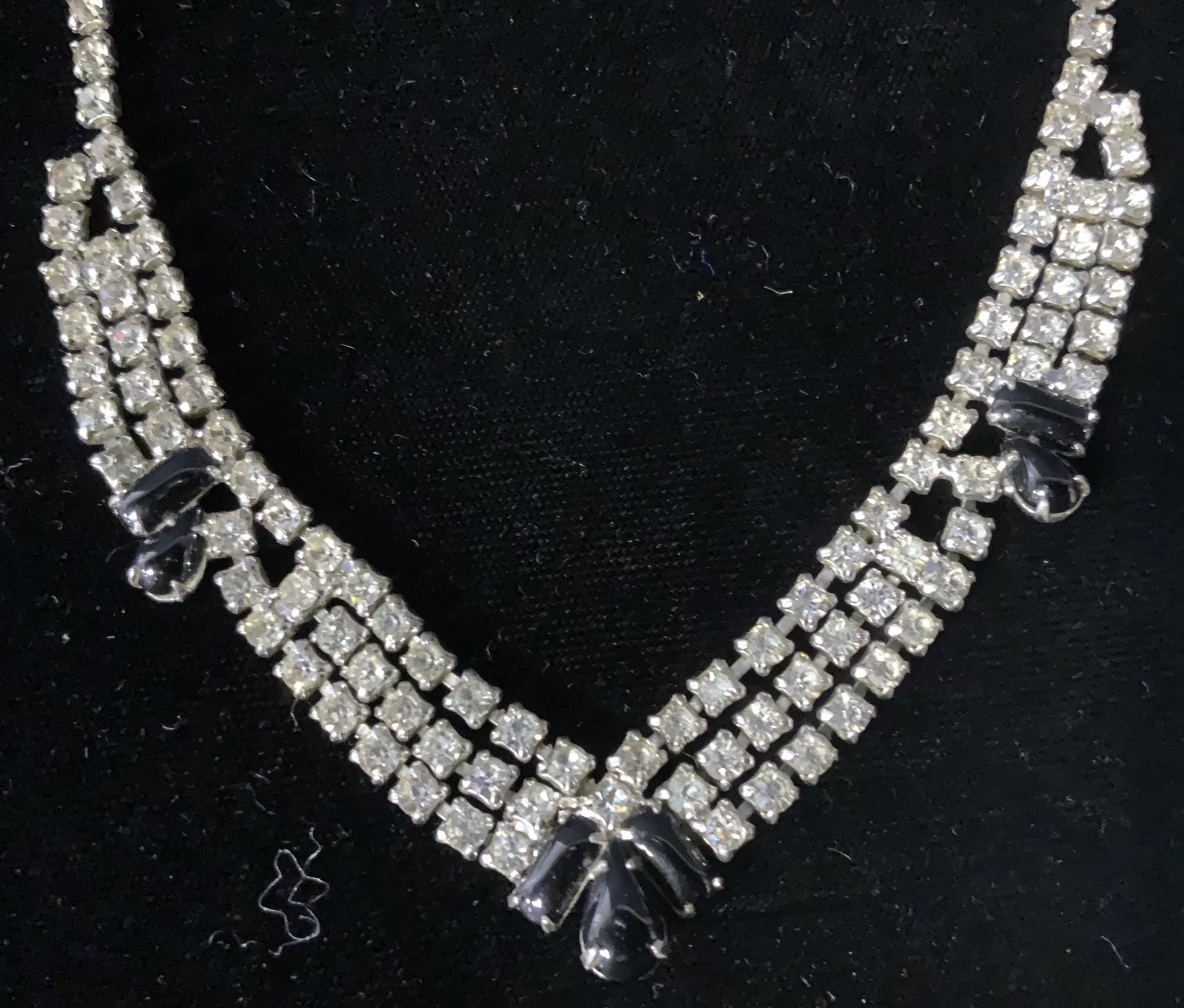 Group Lot 3 Rhinestone Bib Necklaces and Bracelet: Group Lot 3 Rhinestone Bib Necklaces and Bracelet, inscription to interior of bracelet reads ‘Made in Hong Kong’, bracelet measures 2 1/8 inches in diameter, necklace with black stones measures 17