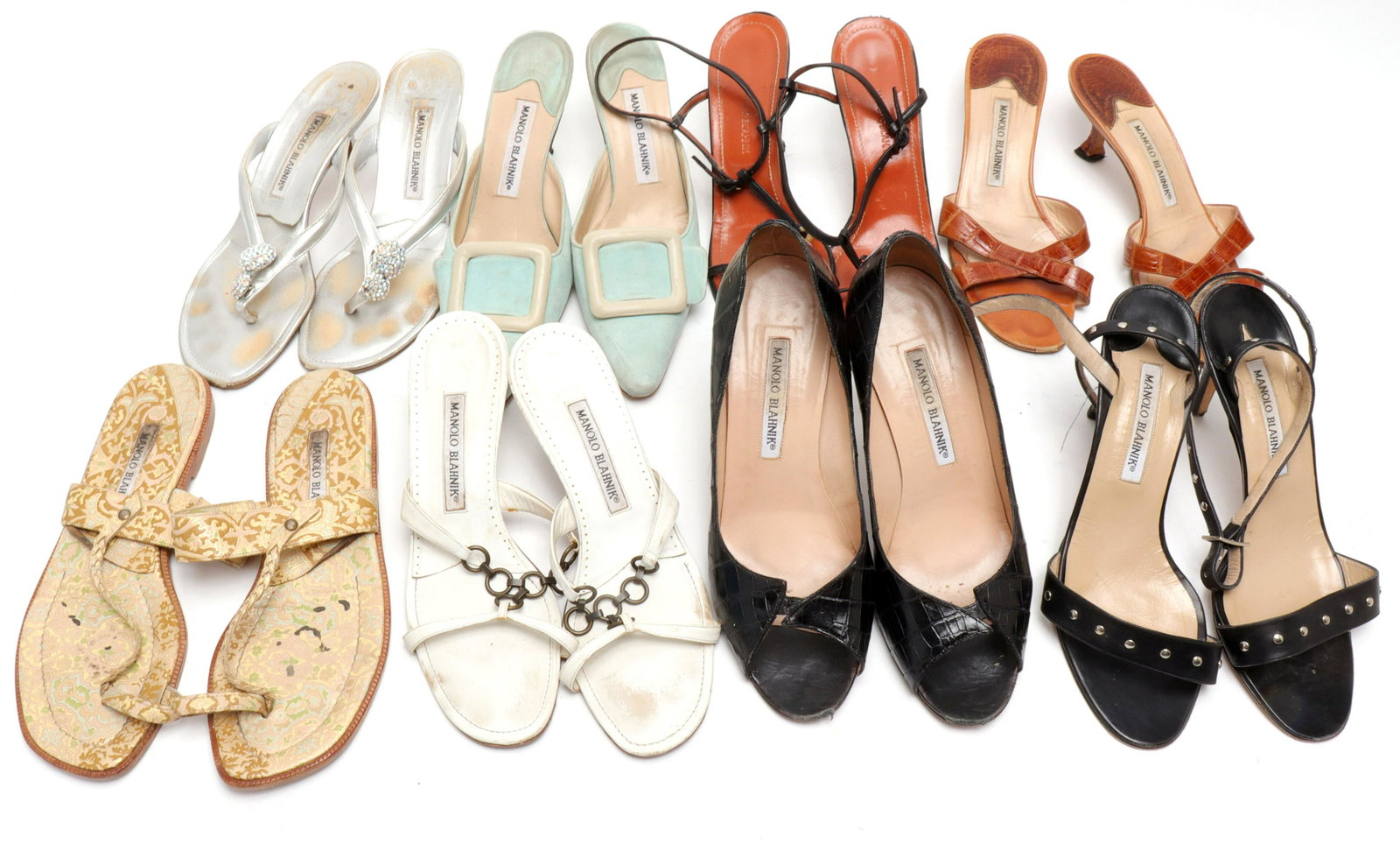 Manolo Blahnik Women's Designer Shoes, 8: Manolo Blahnik women's designer shoes, group of eight, comprising three pairs of open-toe kitten heel shoes, all marked "37-1/2," two pairs of open-toe sandal heels, both marked "37-1/2," one pair of 