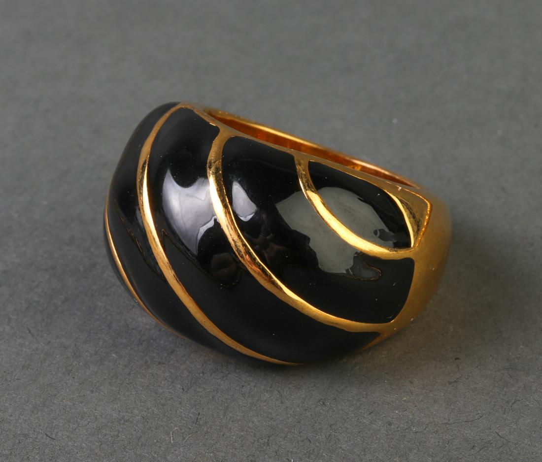 Kenneth Jay Lane Gold-Tone Necklace & Ring: Kenneth Jay Lane gold-tone chain link necklace and gold-tone ring with black enamel, both marked: "KJL." Necklace: 29" L. Ring size: 7.75.