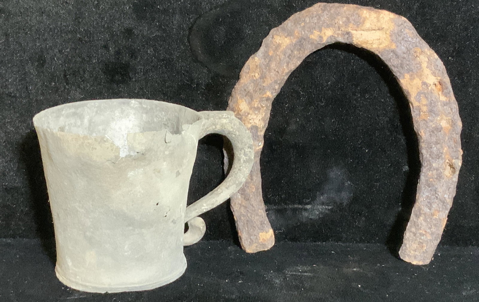 Lot 2 Metal Antique Horse Horseshoe & Cup: Antique hammered iron horseshoe, 5 in. W. Primitive white metal drinking cup with handle, 3 in. Ht, Wall decor, primitive metal objects, iron horseshoe, Antique equestrian accessory, Antiques, Antique