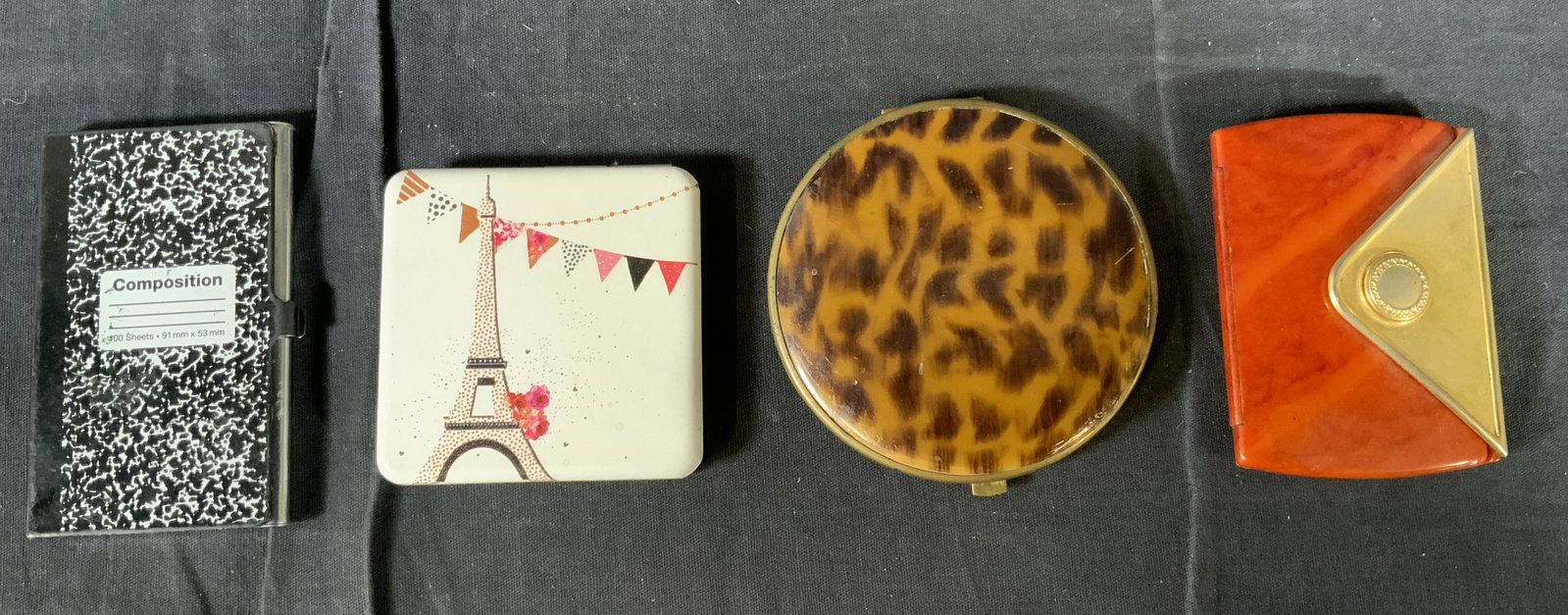 Lot 4 Compact Mirrors & Card Case: Lot 4 Compact Mirrors & Card Case, no apparent inscriptions or marks, smallest measures 3 5/8 x 2 1/4 inches, largest measures 3 1/2 inches in diameter, surface wear to pieces, leopard print compact n
