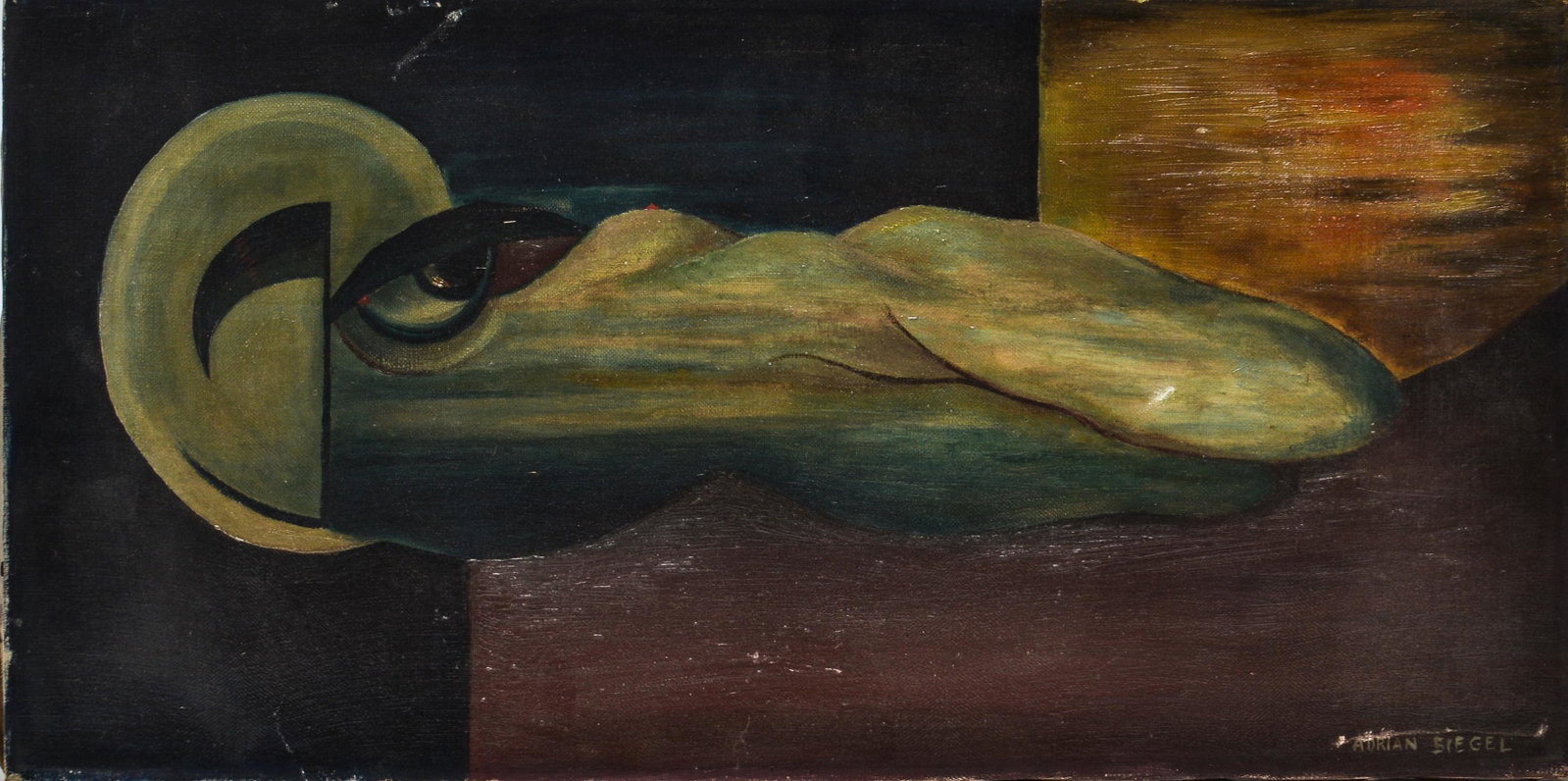 Adrien Siegel "Reclining Figure" oil on canvas: Adrien Siegel (American, active 20th century) "Reclining Figure," signed lower right, oil on canvas. Image: 20" H x 10" W. Unframed. Minor scratches with paint loss to figure's leg, abrasions and loss